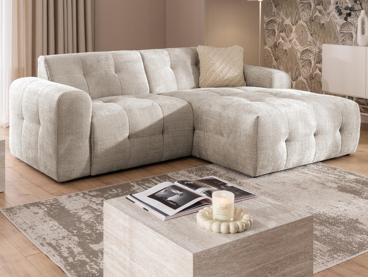 ECKSOFA Kozy im Bumpy-Design mit fester Rückenlehne aus weichem Dunkelbeige Chenille-Stoff - Ottomane rechts - Beige/Schwarz, Holz/Kunststoff (234/161cm) - S-Style Möbel