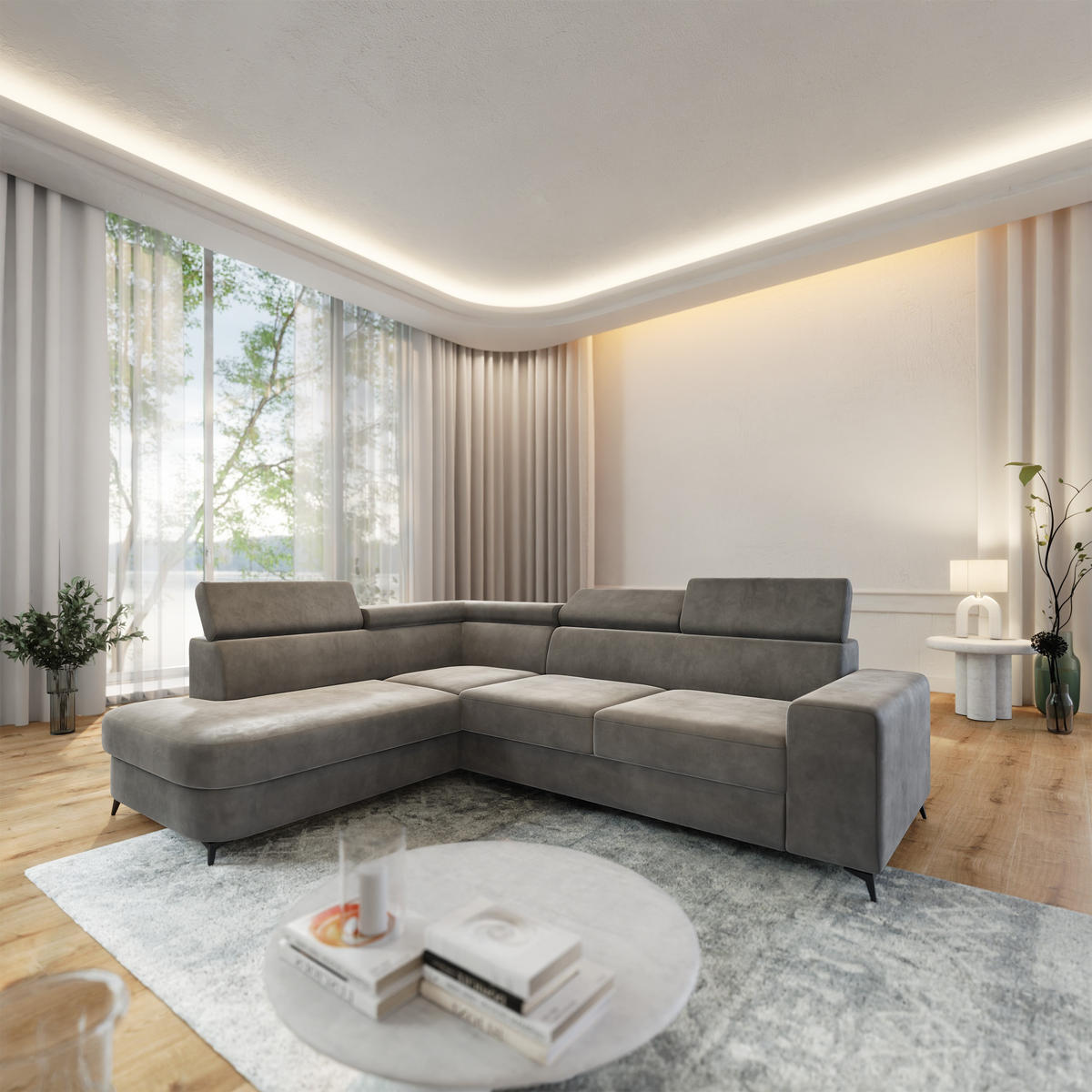 ECKSOFA ALVORO L-S Grau Velours-Stoff mit Schlaffunktion - Grau, Holz (253/190cm) - MASSENO