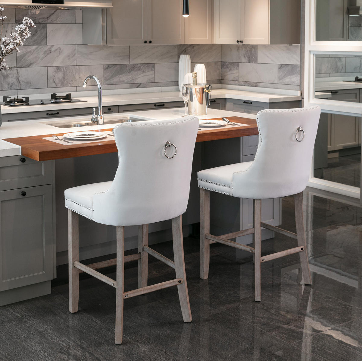 BARSTUHL 2er-Set mit hoher Rückenlehne Samt Beige - Beige, Metall (50/66/60cm) - Meubliv
