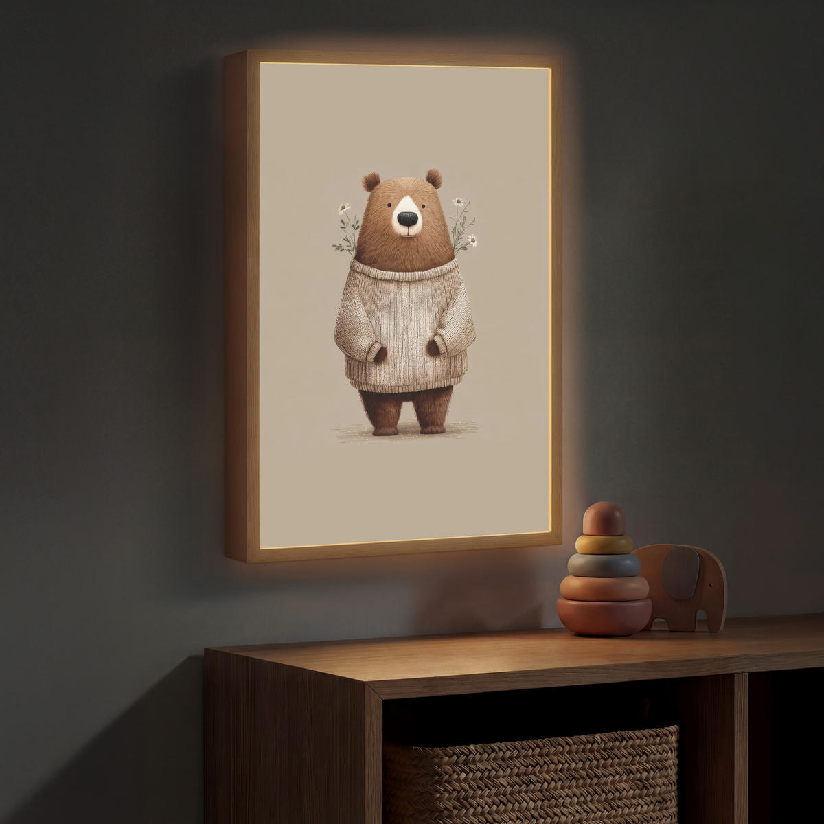 NACHTTISCHLAMPE MIT AKKU Bär - Weiße Blumen - Gemütlich 40x60 cm - Taupe, Holzwerkstoff (8/40/60cm) - OnlyWow