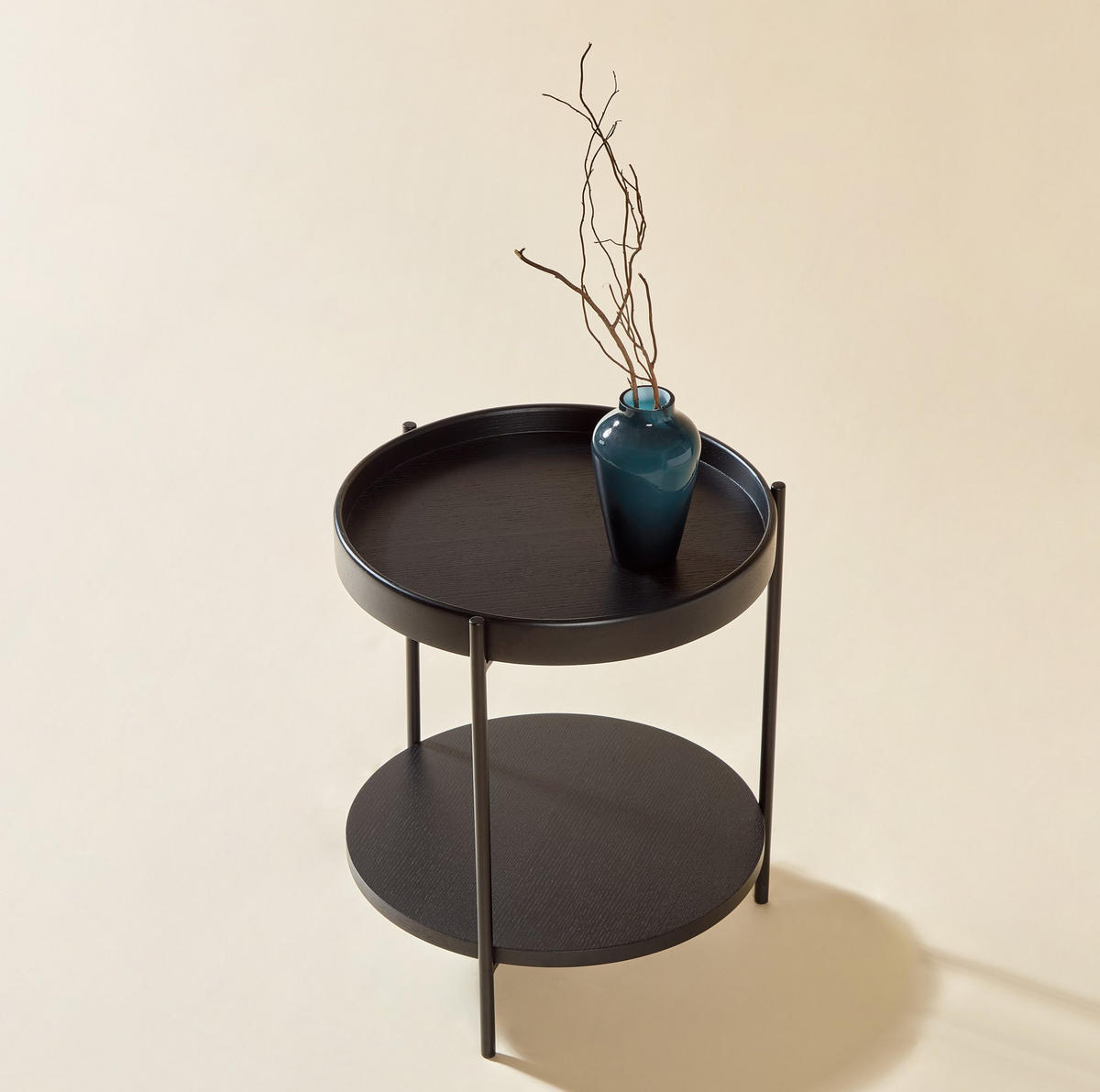 COUCHTISCH-SET rund 69/44 cm Schwarz mit 2 Ebenen und Metallgestell - Schwarz, Holzwerkstoff (44/44/48cm) - Flora Grace