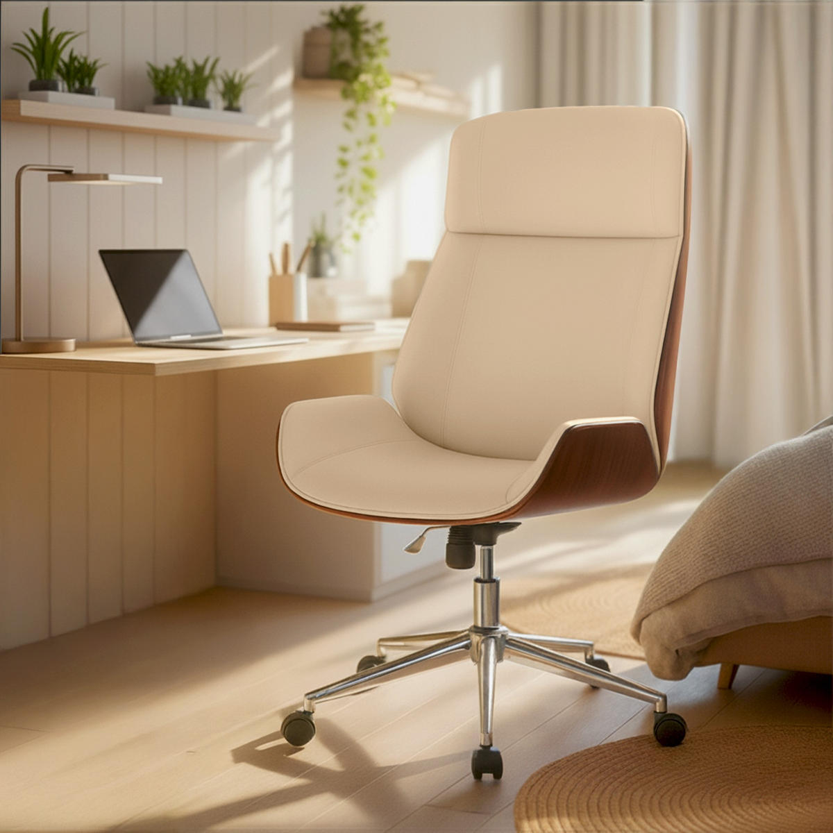 DREHSTUHL Lederlook Walnuss/Creme - Chromfarben/Walnussfarben, Textil/Metall (58/110/66cm) - CLP