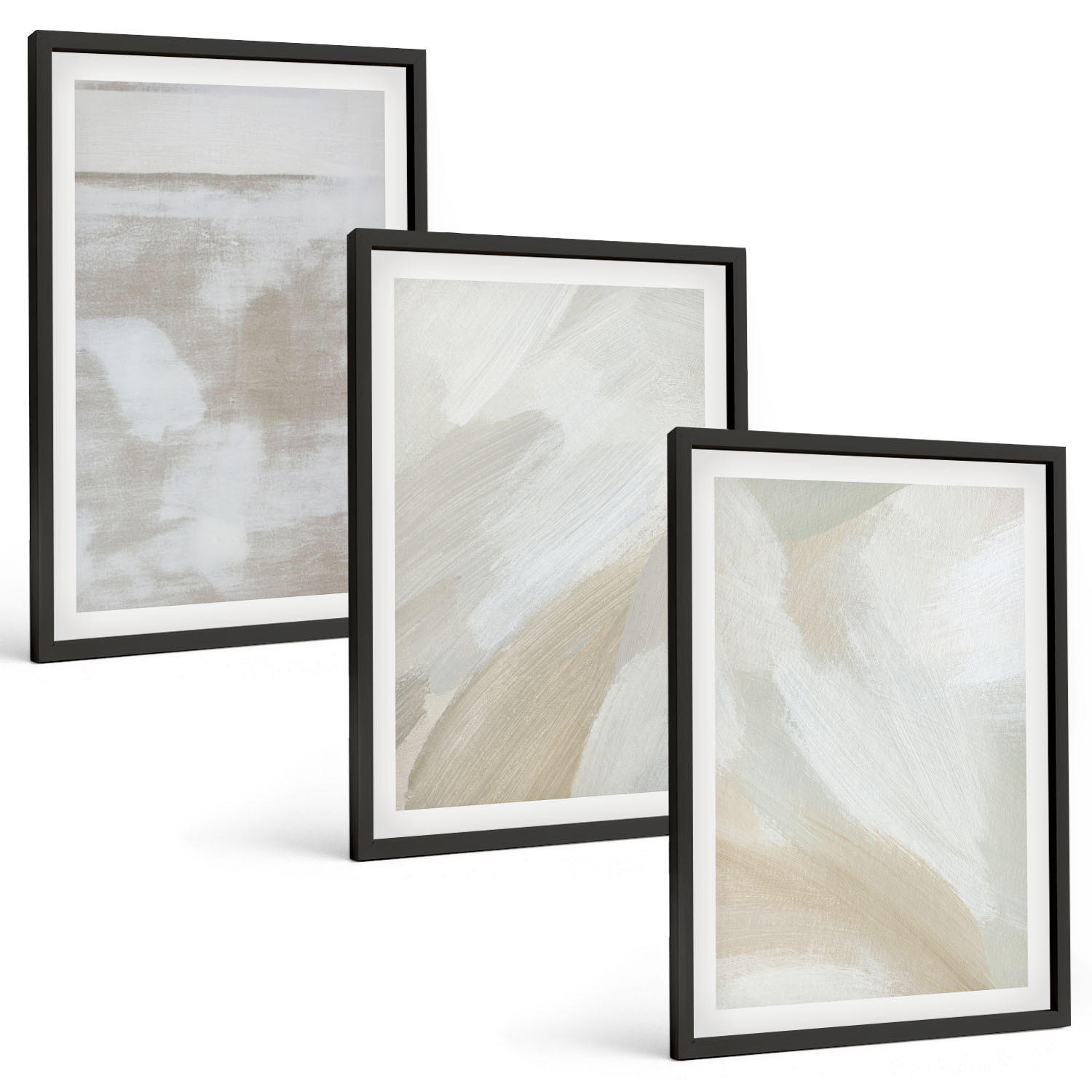 BILDER SET 3er Set - 40x60 cm Schwarzer Rahmen - Abstrakte Pinselstriche - Schwarz, Kunststoff (40/60cm) - TULUP