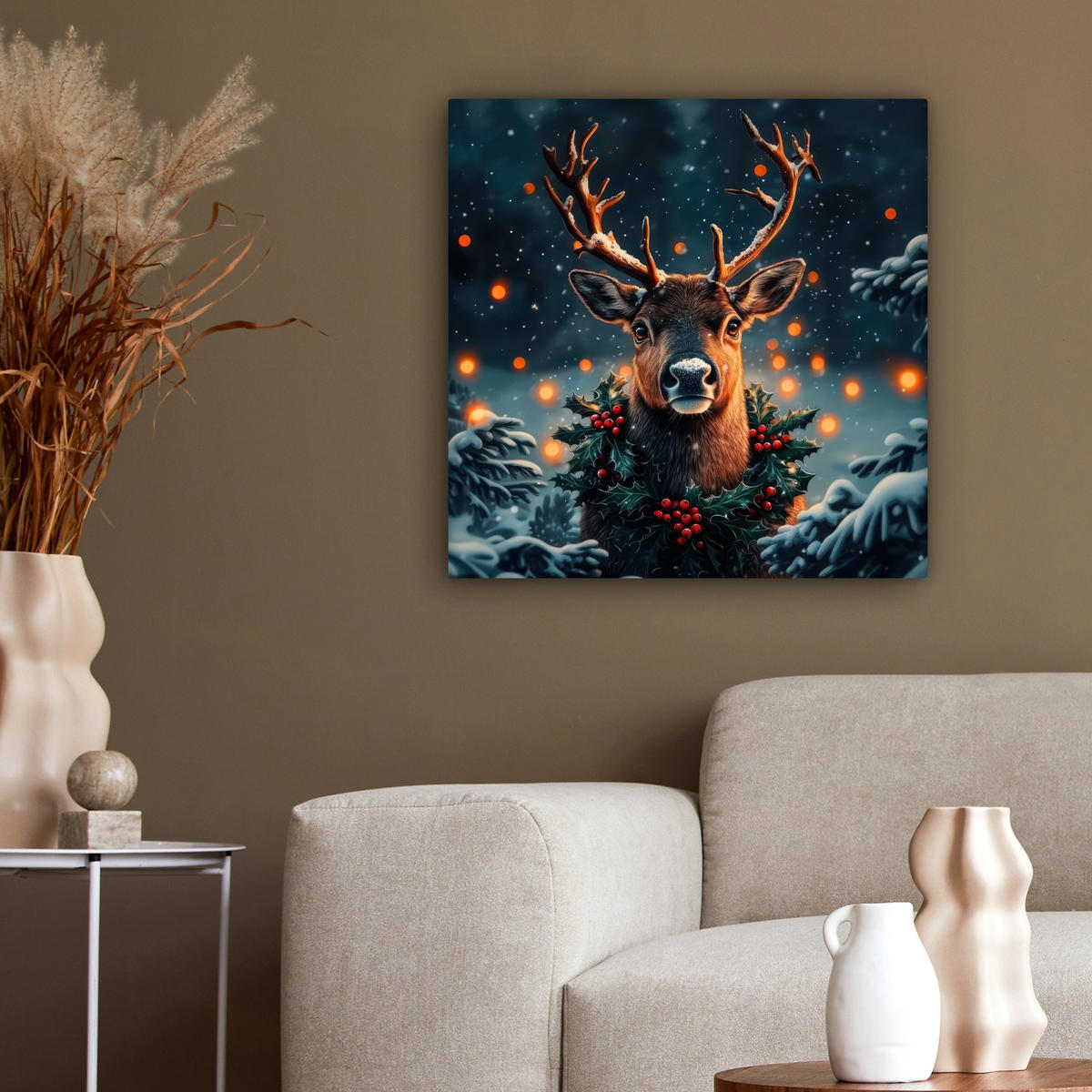 LEINWANDBILD Hirsch - Weihnachten - Winter - Schnee - Weihnachtskranz 50x50 cm - Dunkelbraun, Textil (50/50cm) - MuchoWow