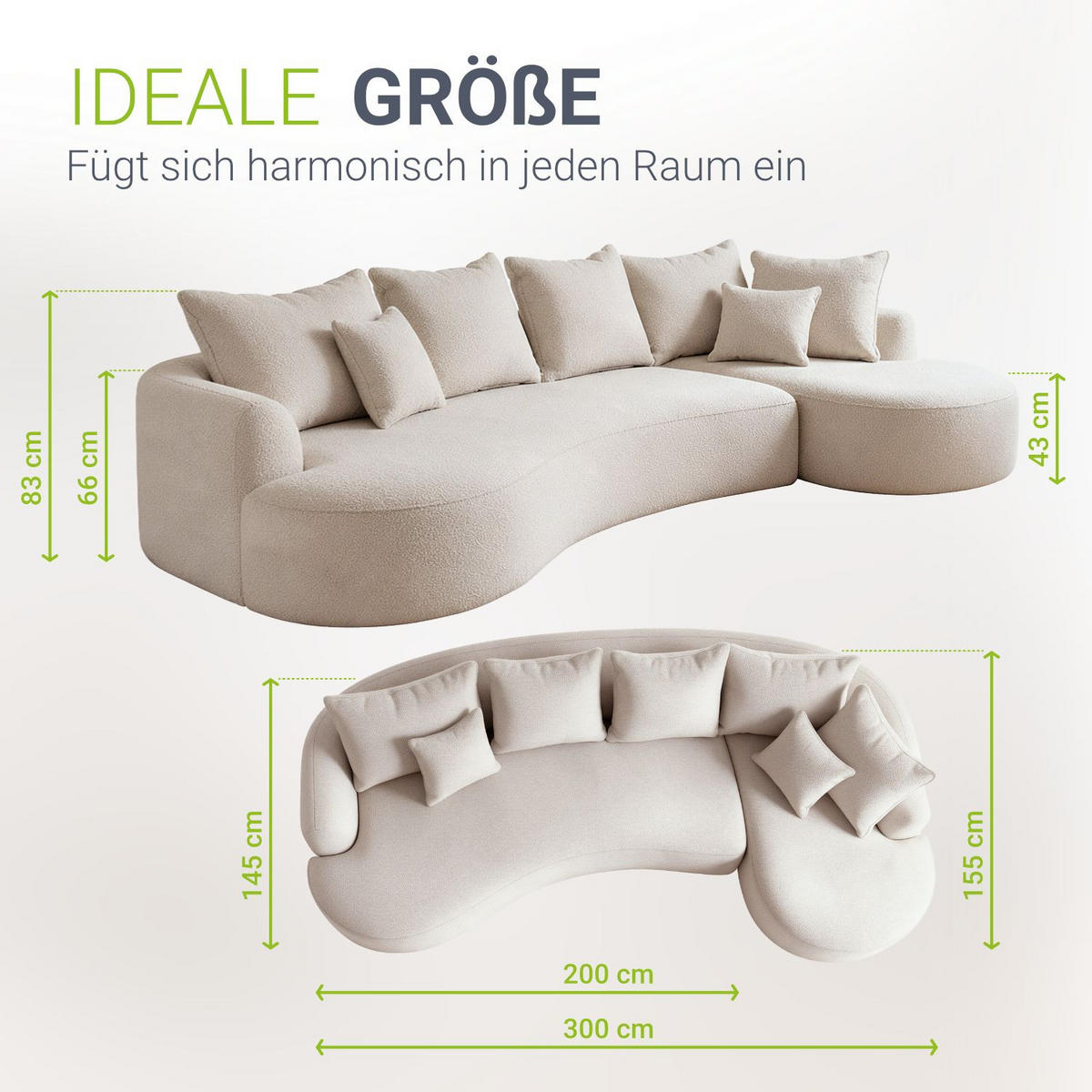 SOFA Tirano Bouclé Creme mit Ottomane rechts - Creme, Textil (300/102cm) - Juskys