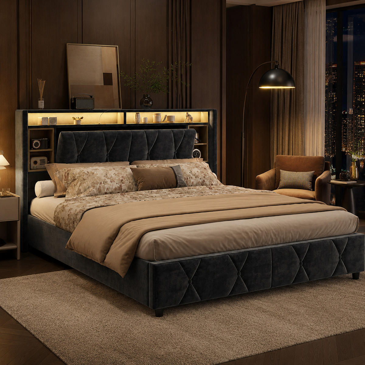 POLSTERBETT 140/200 cm mit Stauraum‑Kopfteil, LED‑Beleuchtung & USB‑Anschluss, Samtbett mit integrierter Ablage - Grau, Holz/Metall (140/200cm) - Joyfair