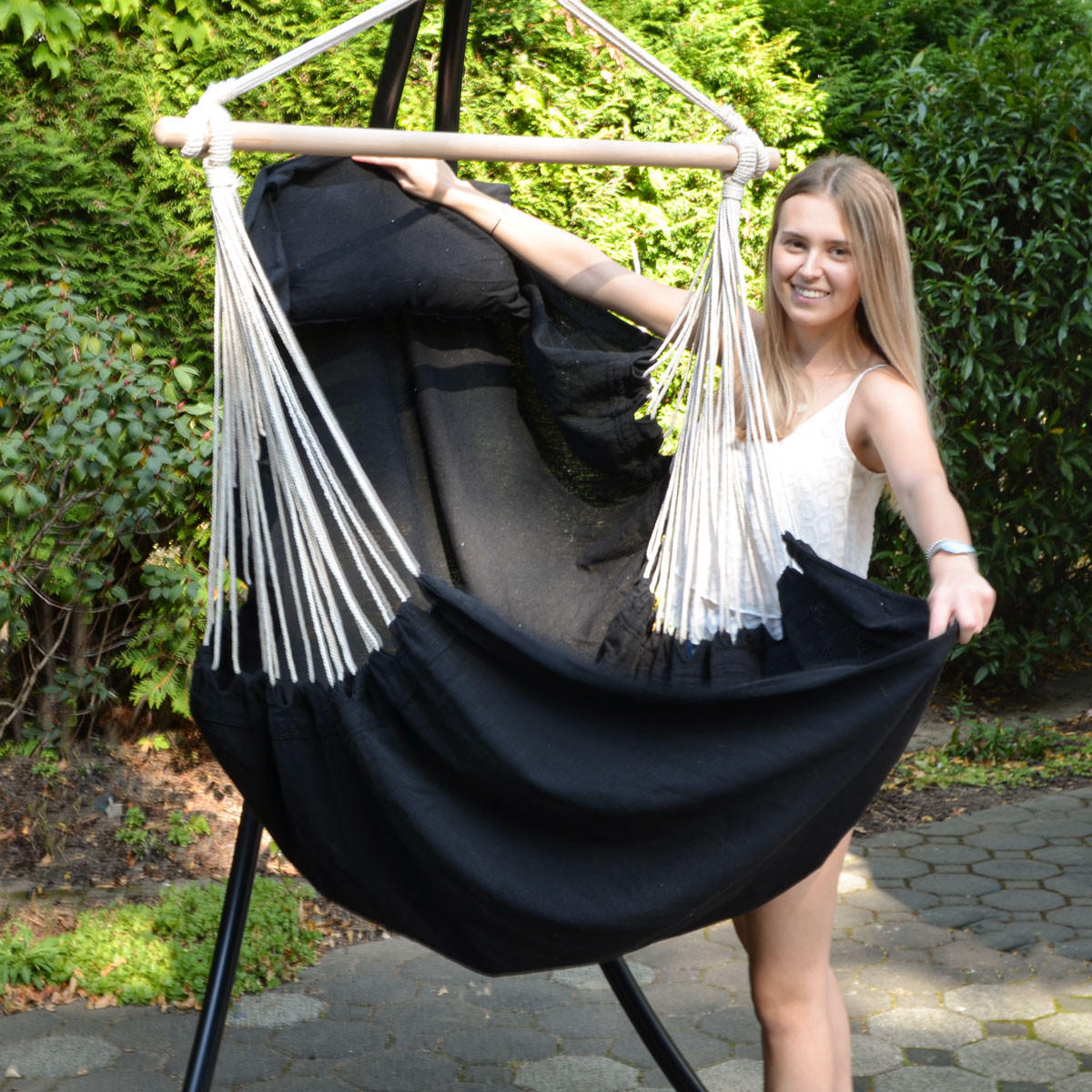 XXL-HÄNGESESSEL mit Kissen und Seitenfach, 220/120cm, Schwarz - Schwarz, Textil (120/145/220cm) - Amanka