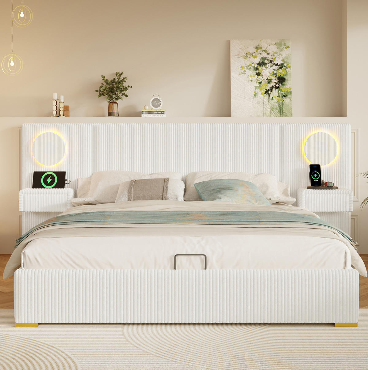 SAMETOVÁ čalouněná postel 180/200 cm s LED osvětlením, USB porty a hydraulickým úložným prostorem, Béžová - béžová, textil (180/200cm) - Redom
