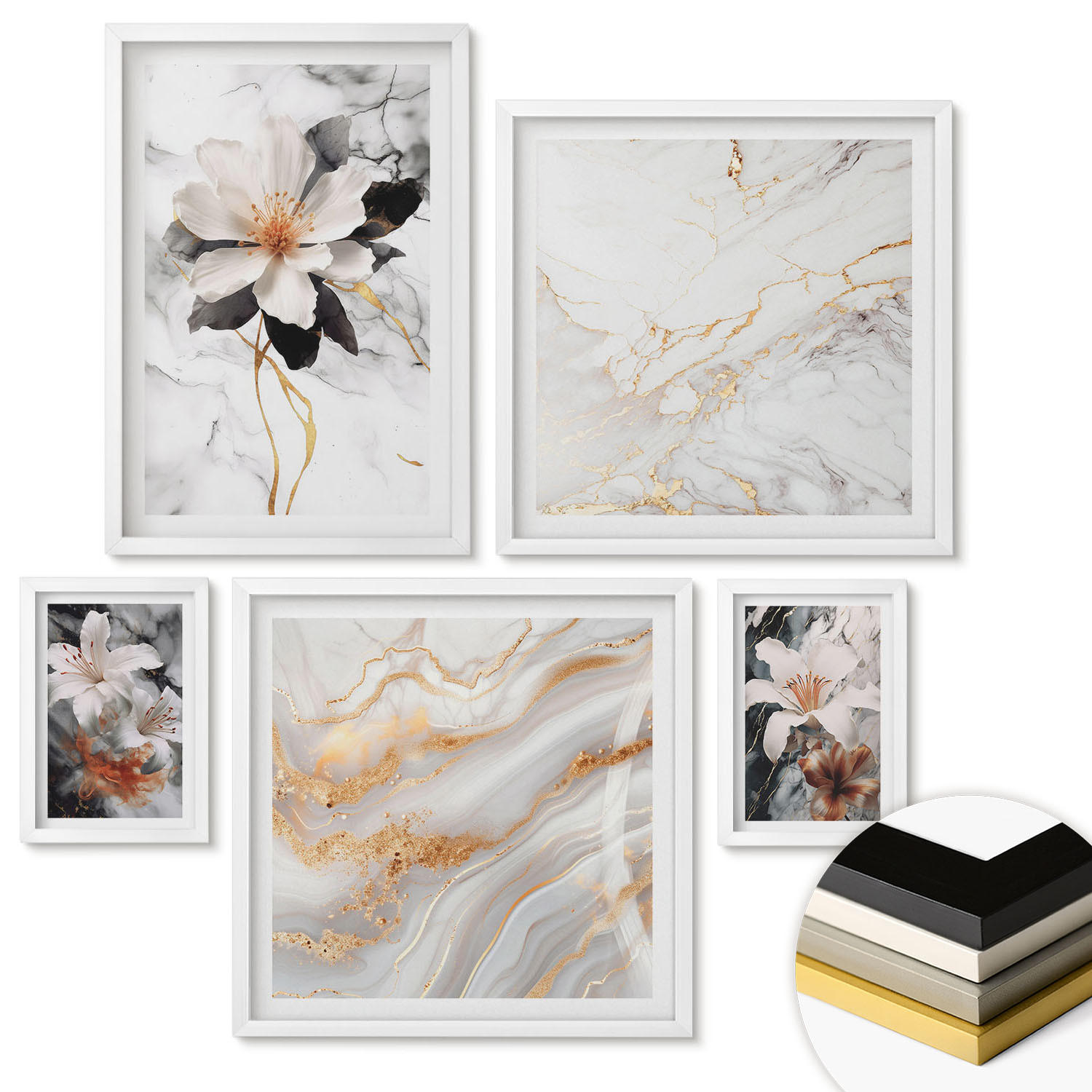 WANDBILDER 5er-Set - 50x50 cm & 20x30 cm & 40x60 cm Weißer Rahmen - Bilder mit blau-goldenen Mustern - Weiß, Kunststoff (40/60cm) - ArtPrintCave