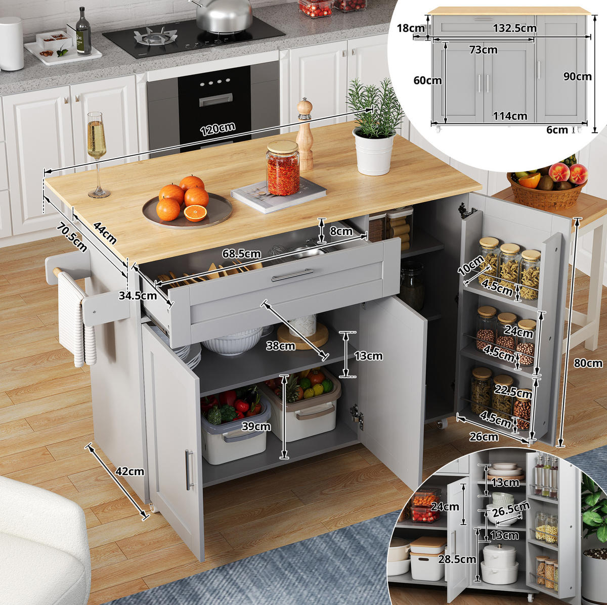 KÜCHENWAGEN mit klappbarer Arbeitsplatte 132,5 x 44(70) x 90 cm Grau - Grau, Holz (44/90/132.5cm) - Beauniv