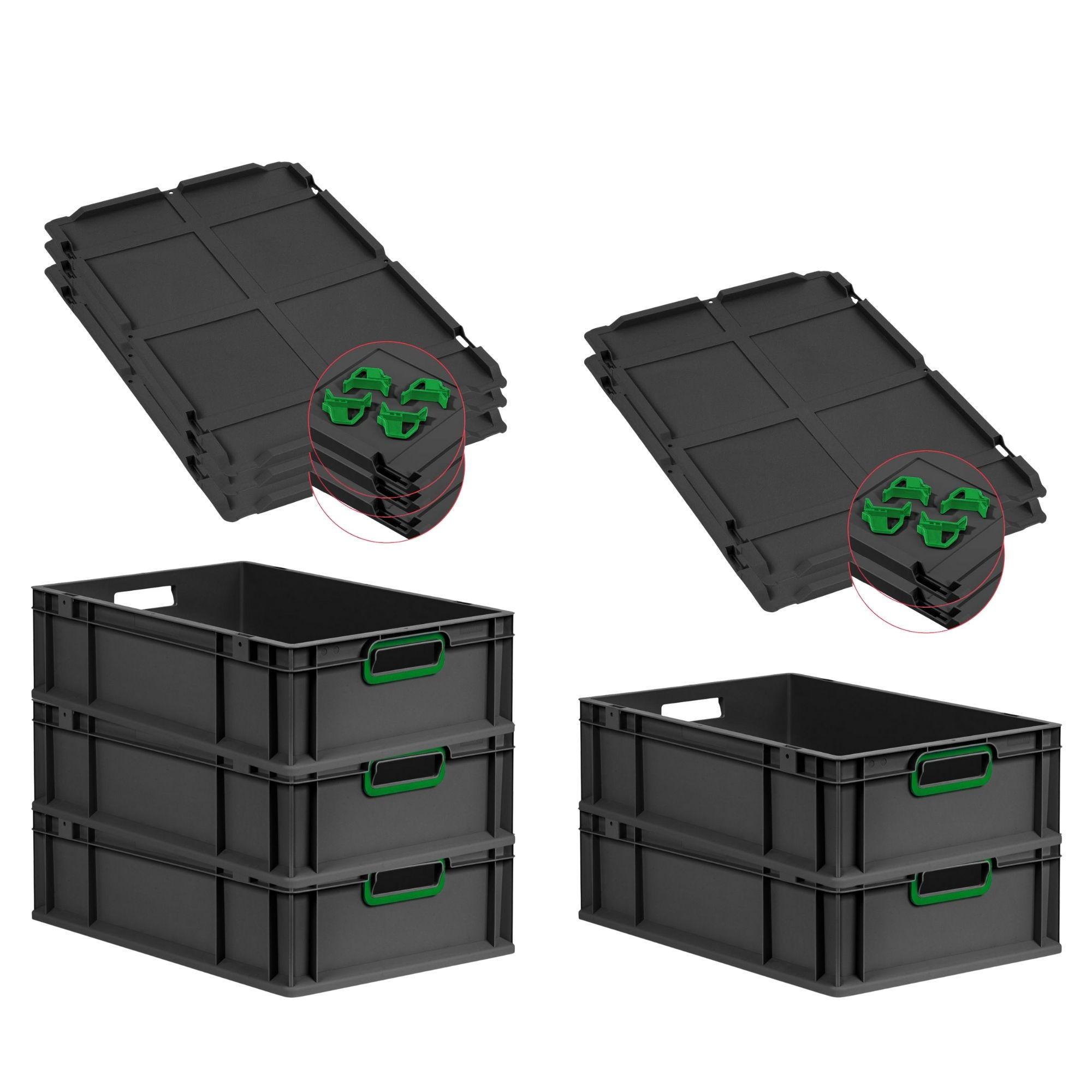 EUROBOX 5x NextGen Color mit Auflagedeckel 17x40x60 cm 34 Liter Schwarz Griffe grün offen - Schwarz/Grün, Kunststoff (40/17/60cm) - PROREGAL