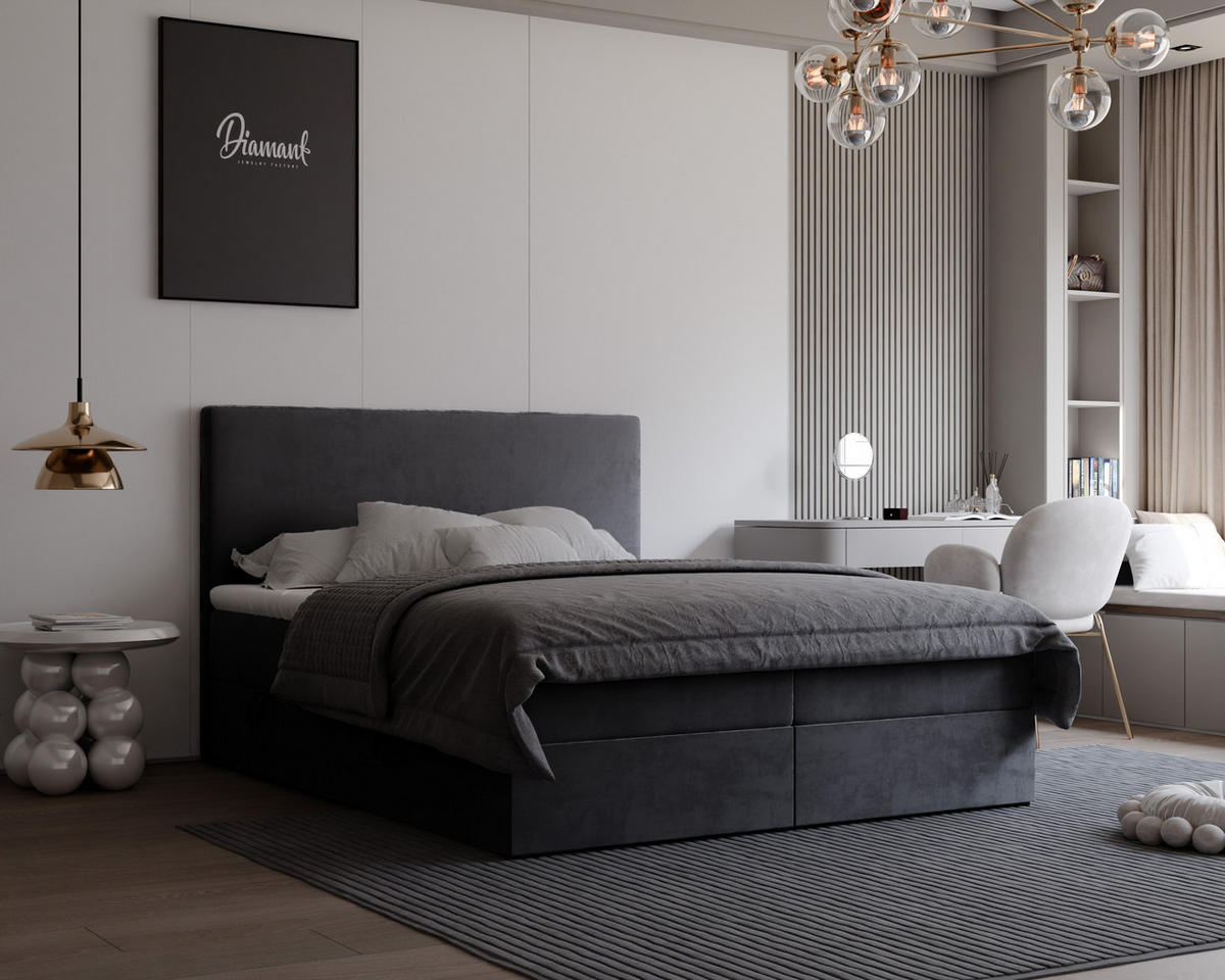 BOXBETT GIULIA 200/200 cm mit Matratze und Topper, Dunkelgrau - Anthrazit, Holzwerkstoff/Textil (200/200cm) - Idohome