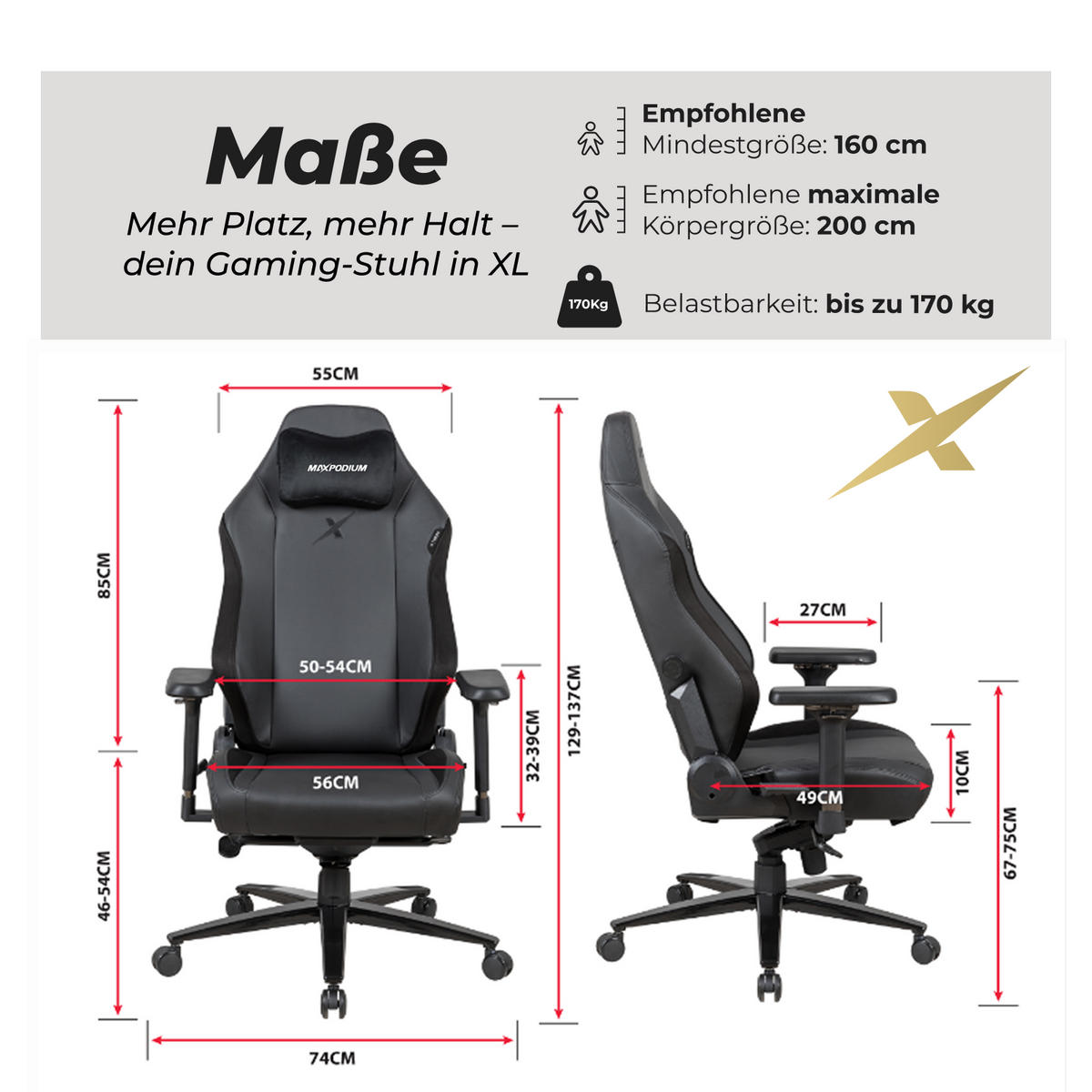 GAMING-BÜROSTUHL Heavy SMI Schwarz - Schwarz, Metall (55/137/49cm) - MaxPodium