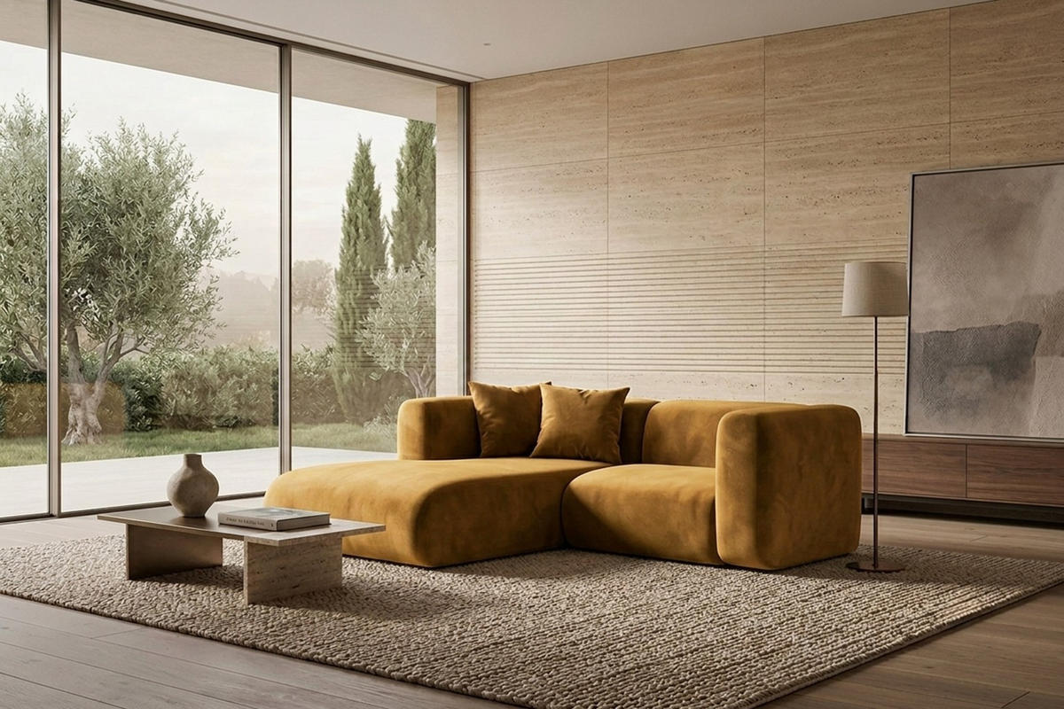 ECKSOFA L-Form mini, Velvet-Stoff Bluvel, Golden, Links, GRETA - Goldfarben, Holz (226/179cm) - Kaiser Möbel