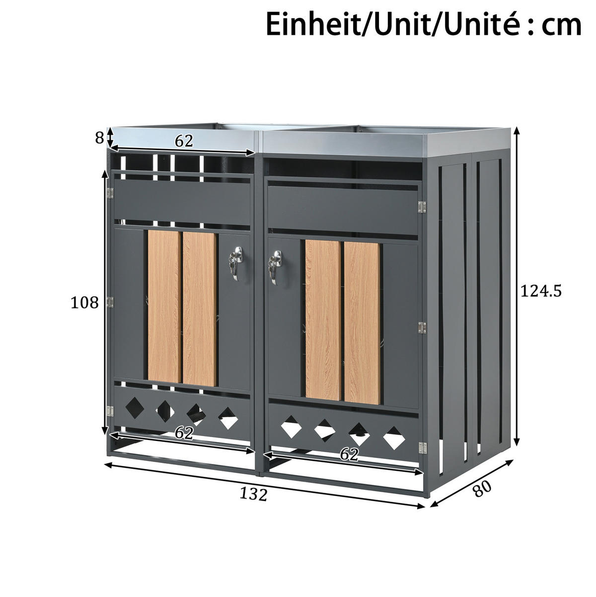 MÜLLTONNENBOX aus Stahl in Grau/Holzoptik mit Pflanzkasten & 4 Türen 264x80x124,5 cm - Grau, Metall (264/124.5/80cm) - Modfu