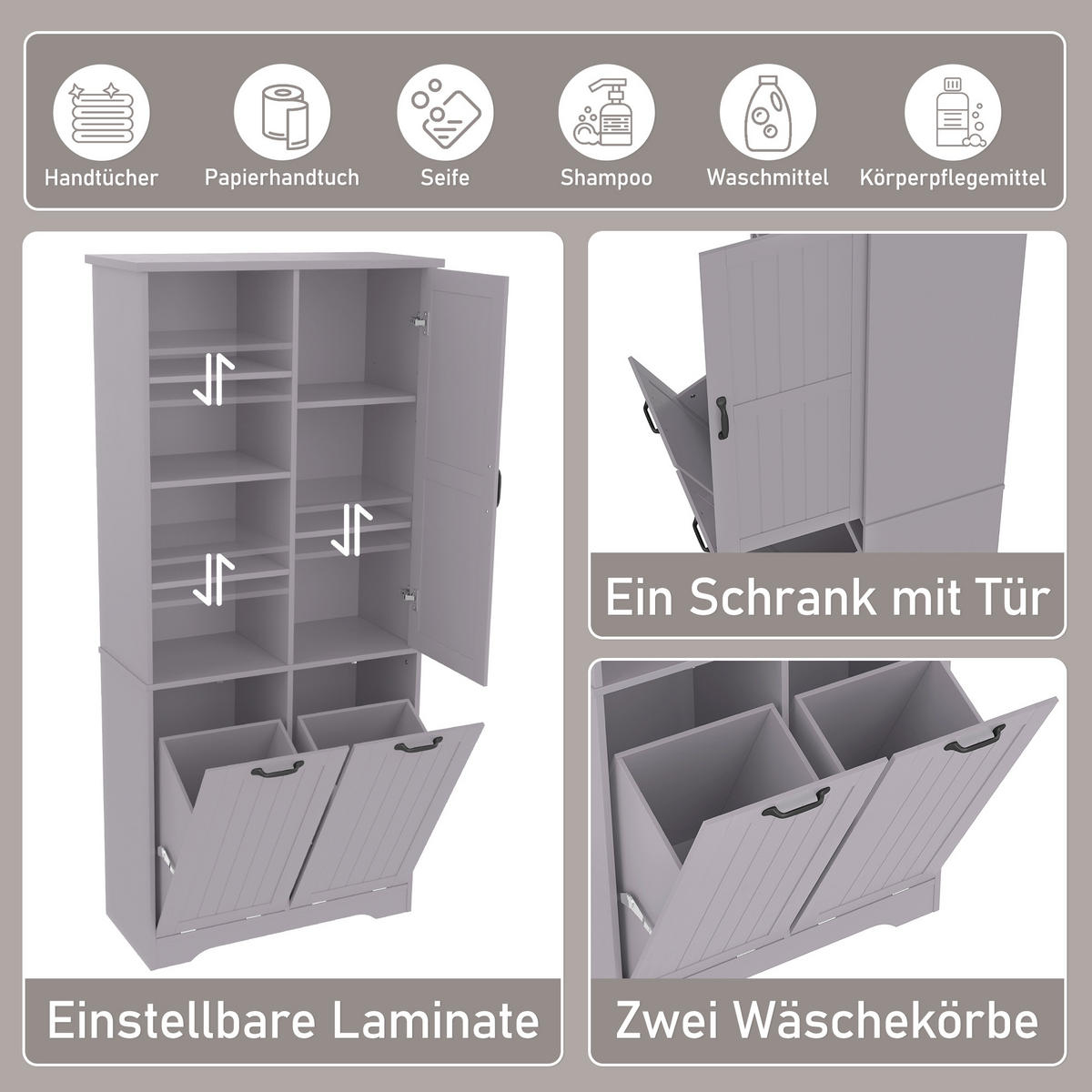 HOCHSCHRANK (Bad) Grau mit Doppel-Wäschekorb - Grau, Holzwerkstoff (78/172.7/35cm) - Urban Meuble