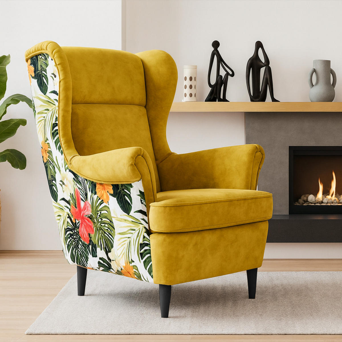 OHRENSESSEL Havana im skandinavischen Stil, Gelb, mit Beinen in Wengefarbe - Wengefarben/Gelb, Holzwerkstoff (82/102/92cm) - Beautysofa