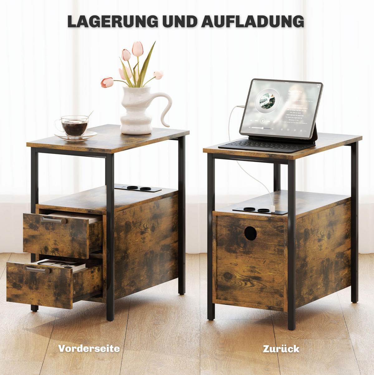 BEISTELLTISCH 55/58,5/35 cm Braun aus Holz mit Ladestation - Braun, Holzwerkstoff (55/35/58.5cm) - OKMYHOME