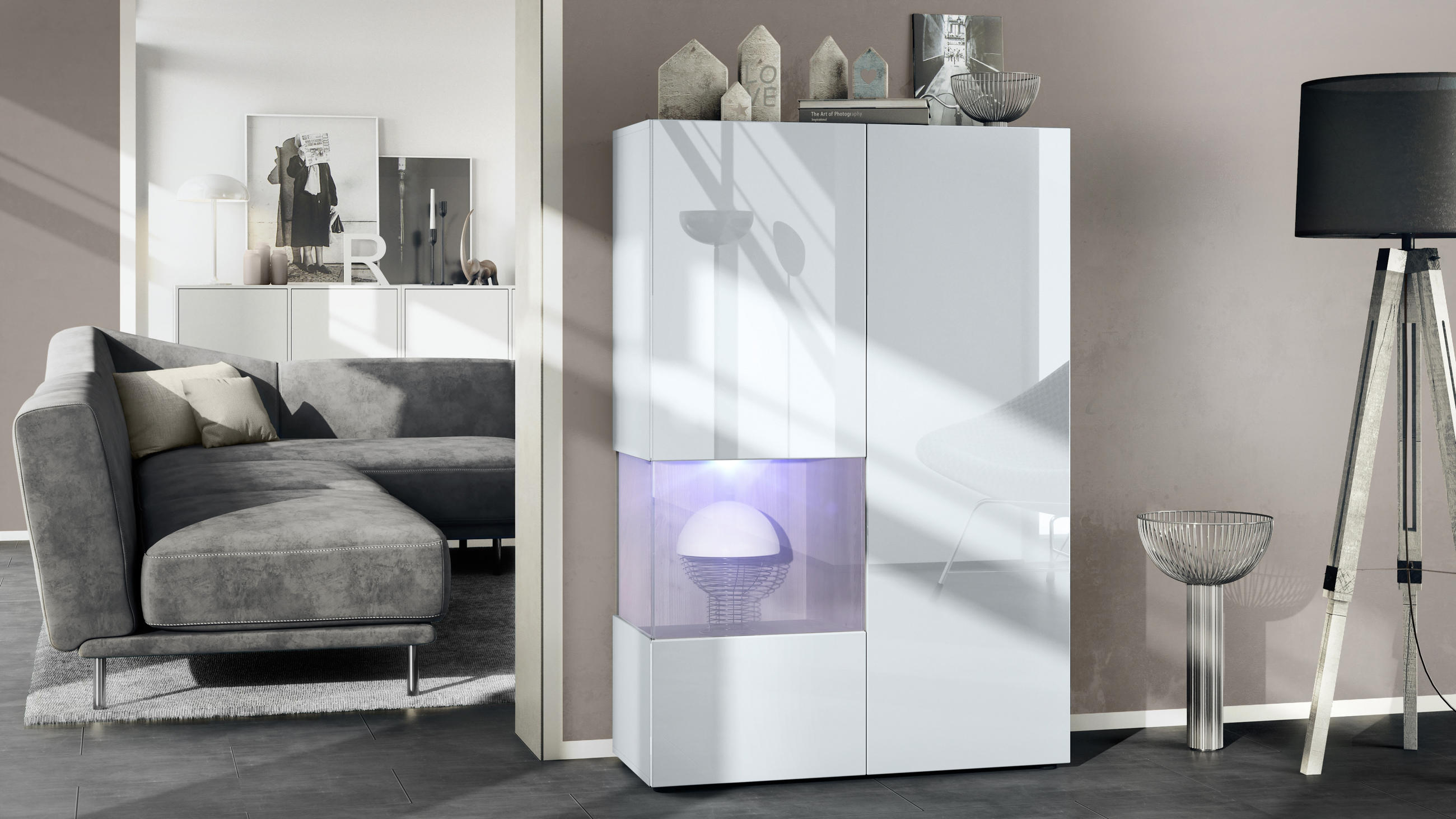VITRINE Morena Einsatz in Eiche Nordic - Silbereichenfarben, Holzwerkstoff (91.5/136.5/37cm) - Vladon