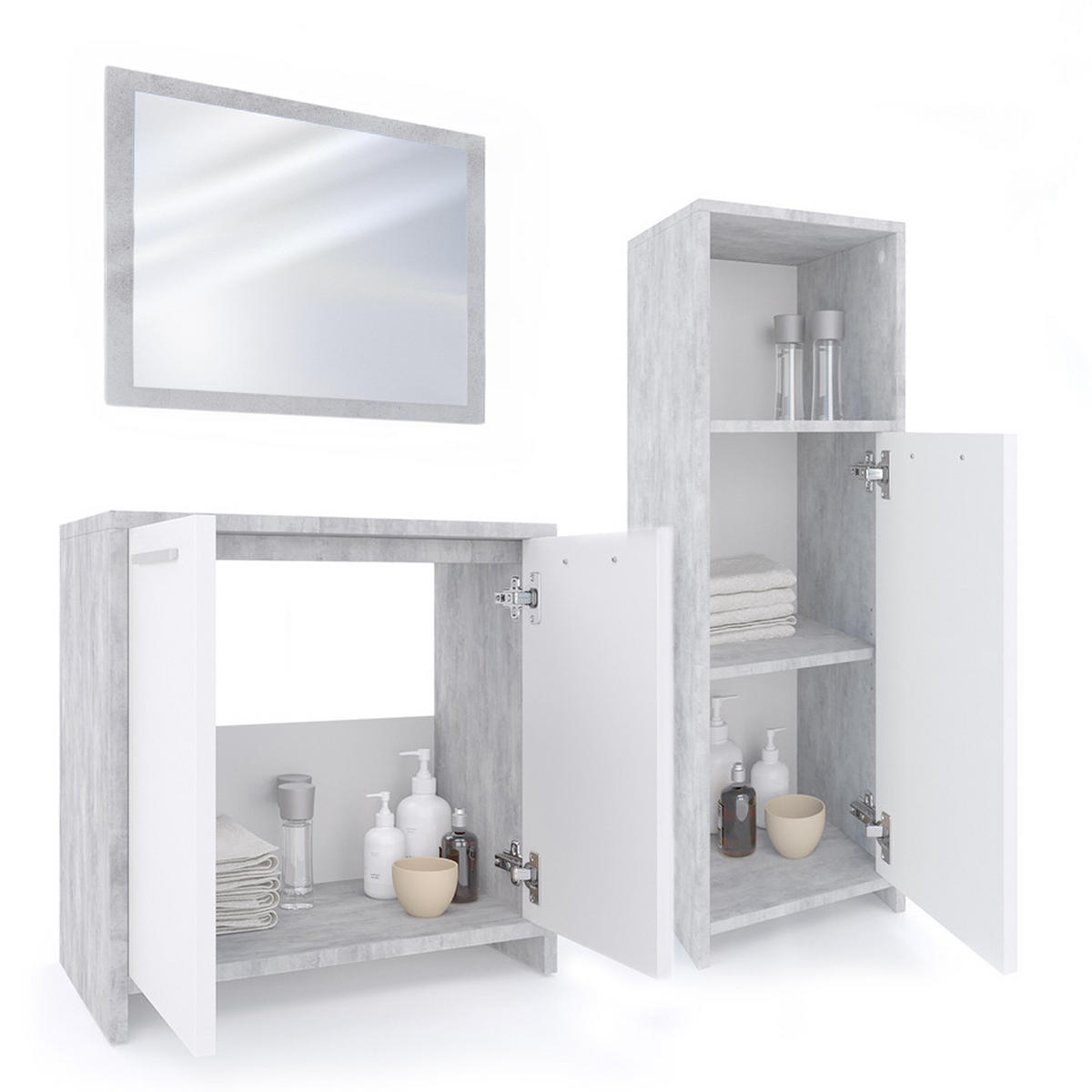 BADMÖBEL-SET Kiko Beton 3 Teile - Weiß/Grau, Holzwerkstoff (58/60/33cm) - Vicco