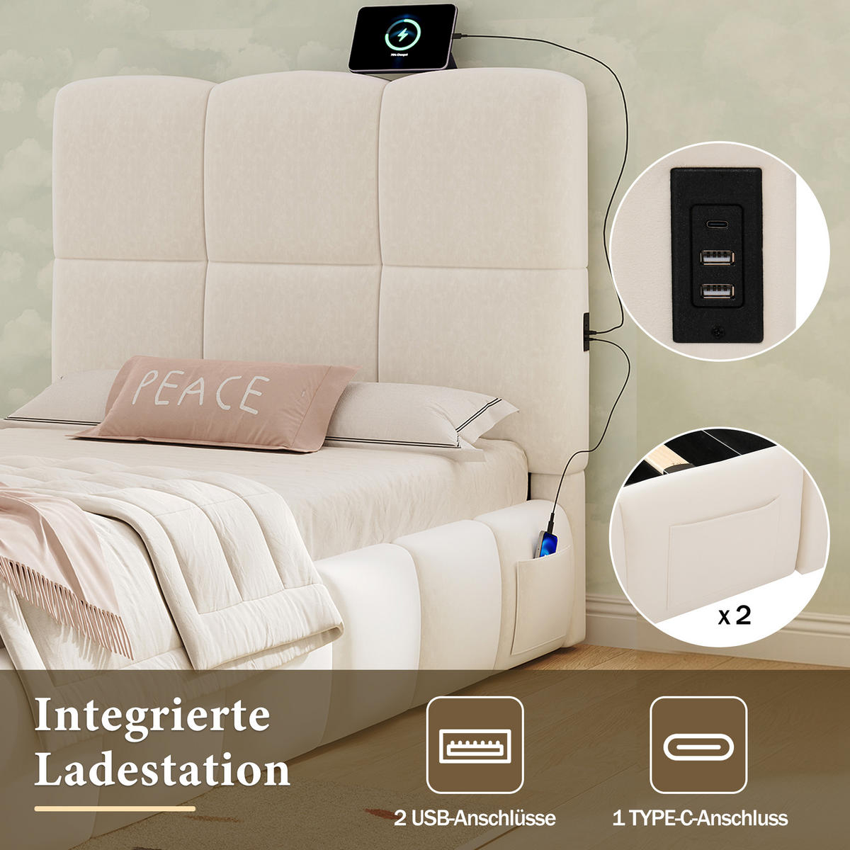 KINDERBETT 90/200 cm in Beige Samt mit Stauraum und USB - Beige, Holzwerkstoff/Textil (90/200cm) - WISHDOR