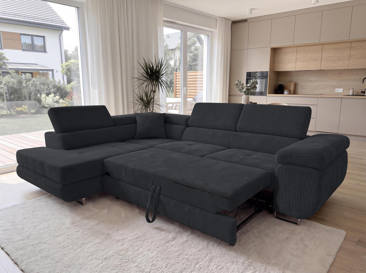 ECKSOFA L Form Konak Schwarz 276/201/90 cm Links mit Schlaffunktion - Silberfarben/Schwarz, Textil/Metall (203/276cm) - AX Living