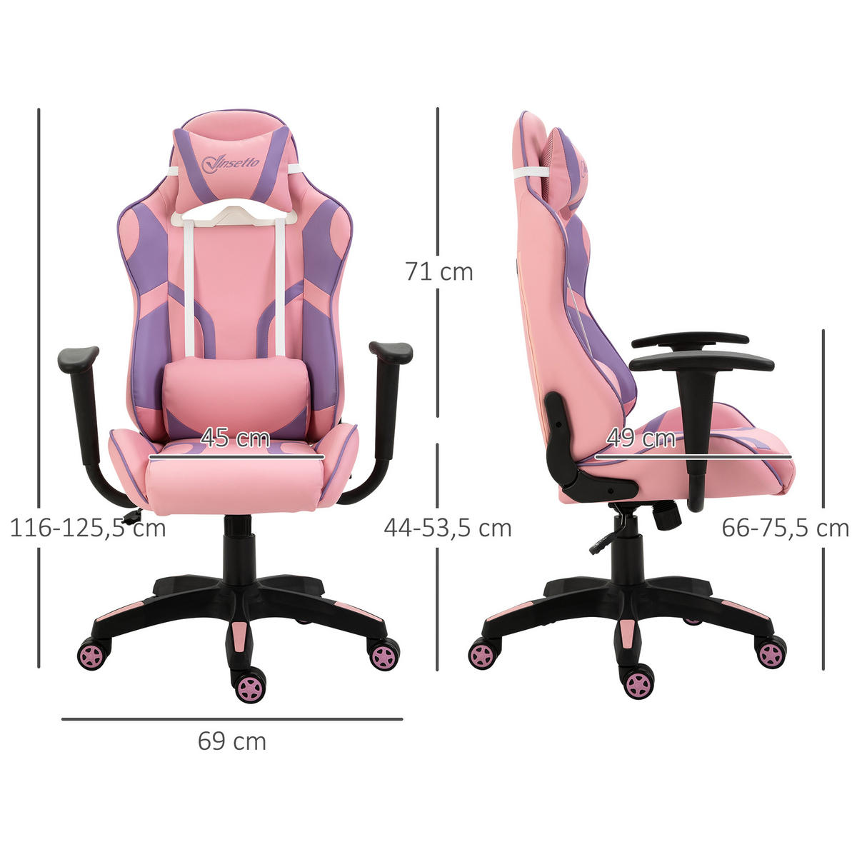 GAMING Stuhl, Bürostuhl, Rosa&Violett - Rosa, Leder (56/125.5/69cm) - Vinsetto