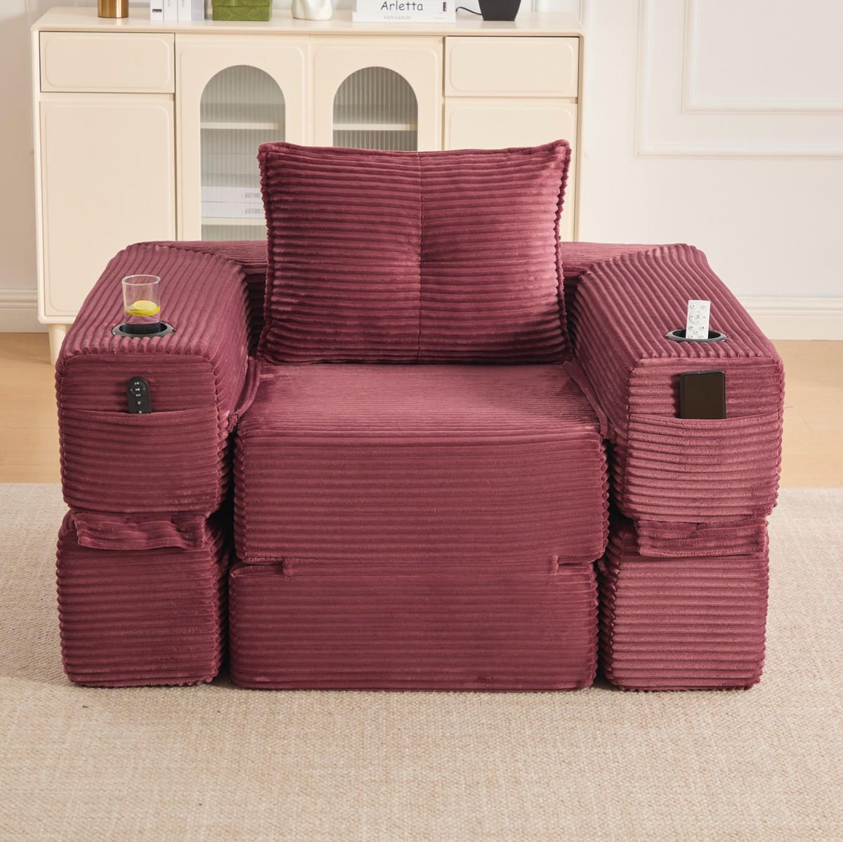 KLAPPSOFA aus Cord mit Seitenfach und Getränkehalter 122 cm Wine Red - Rot, Kunststoff (98/80/122cm) - Meubliv