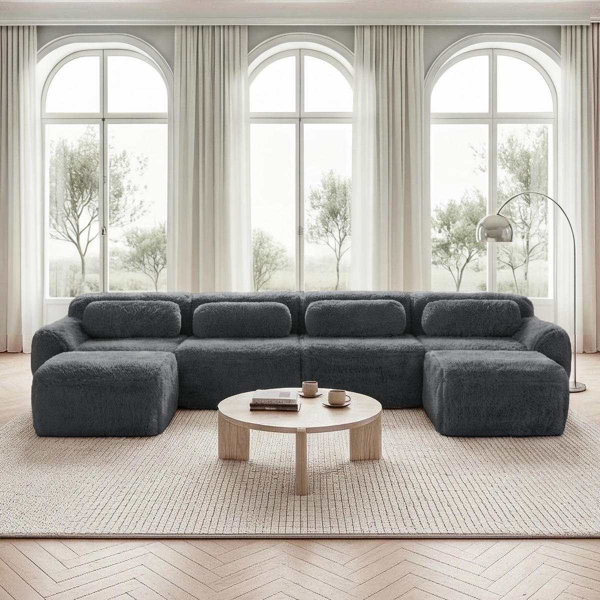 WOHNLANDSCHAFT Plüsch Grau mit Kissen - Grau, Textil (378/73/179cm) - WISHDOR