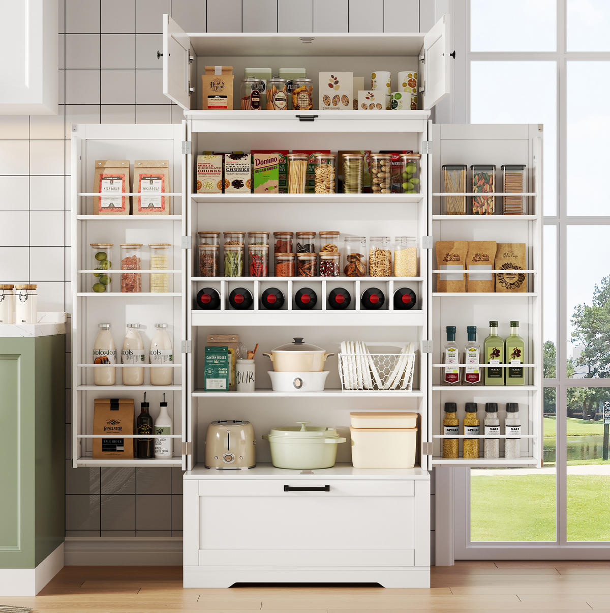 BUFFETSCHRANK 80/40/180 cm mit Schublade, Weinregal und verstellbaren Einlegeböden aus MDF, Weiß - Weiß, Holzwerkstoff (80/180/40cm) - Redom