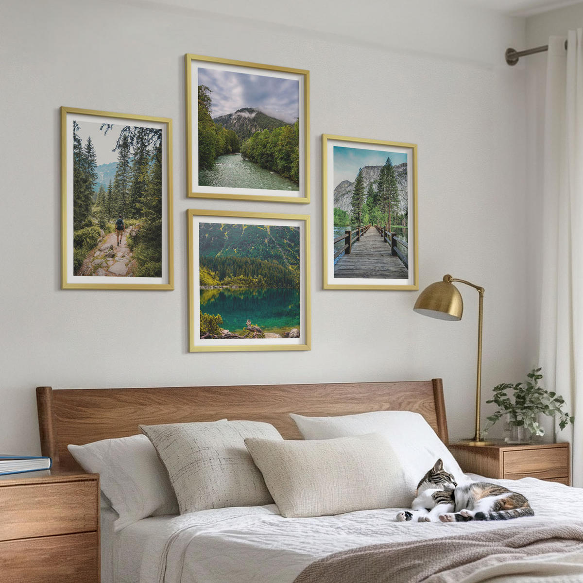 BILDER SET 4er Set - 50x50 cm & 40x60 cm Goldrahmen - Berge, Seen, Wälder, Wege - Goldfarben, Kunststoff (50/50cm) - TULUP