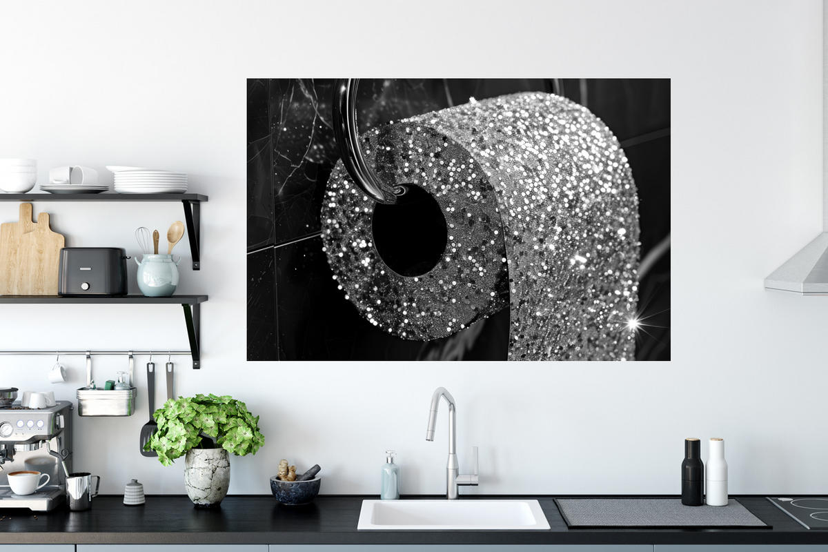 WANDTATTOO WC - Toilettenpapier - Schwarz und weiß - Glitter 120x80 cm - Silberfarben, Kunststoff (120/80/0.1cm) - MuchoWow