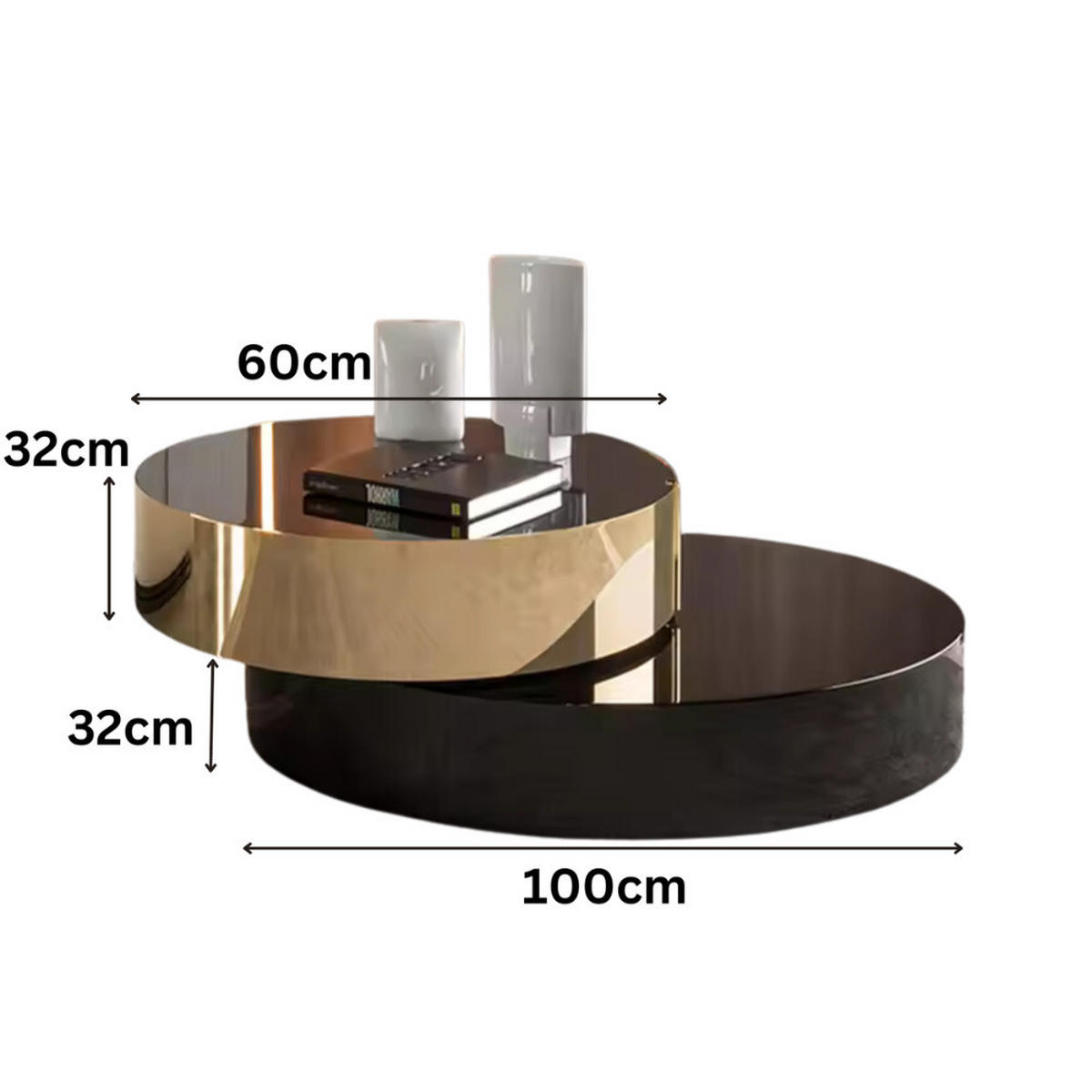 DESIGN-COUCHTISCH ORBIT ROTATE Runder Wohnzimmertisch mit 360°-Drehfunktion - Schwarz Hochglanz/Goldfarben, Glas (100/100/64cm) - alesvelt