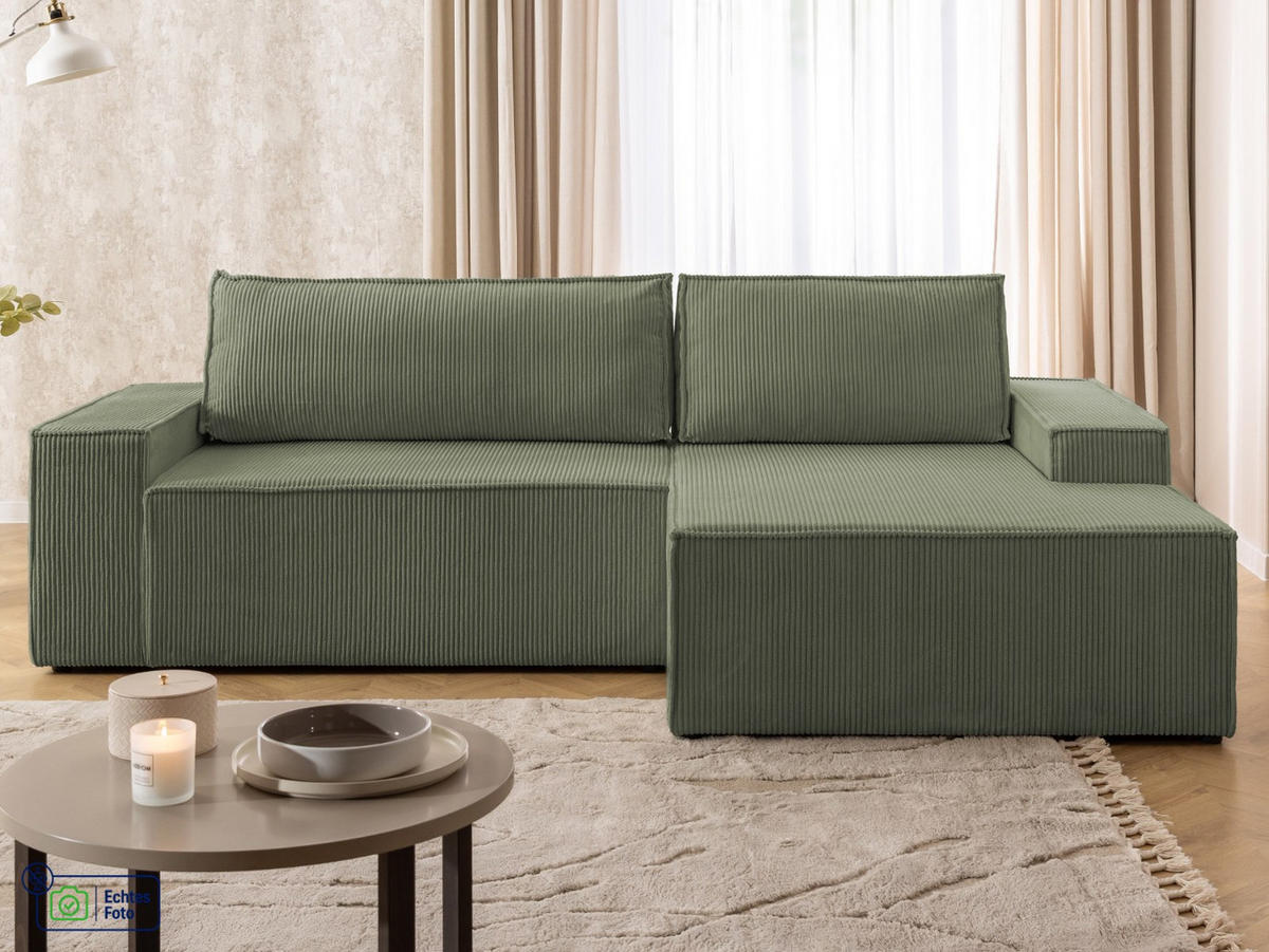 ECKSOFA Rivio mit Schlaffunktion und Bettkasten, Cordstoff Grün - Schwarz/Grün, Holz/Kunststoff (262/149cm) - S-Style