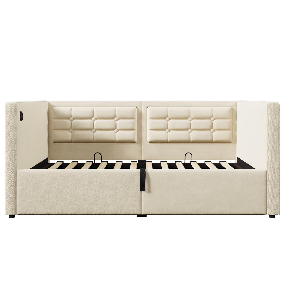 BETT 90/200 cm Beige mit hydraulischem Stauraum und USB- und Type-C-Anschlüssen - Beige, Textil (90/200cm) - OKWISH