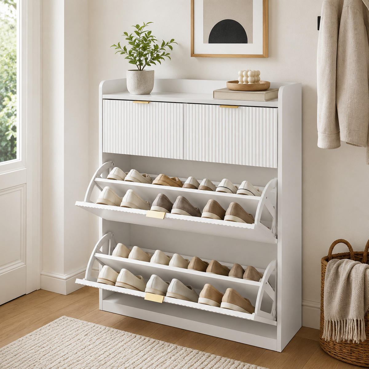 SCHUHSCHRANK mit 2 Schubladen & 2 Klappen, modernes Schuhregal für Flur - Weiß, Holz (80/110/24cm) - Joyfair