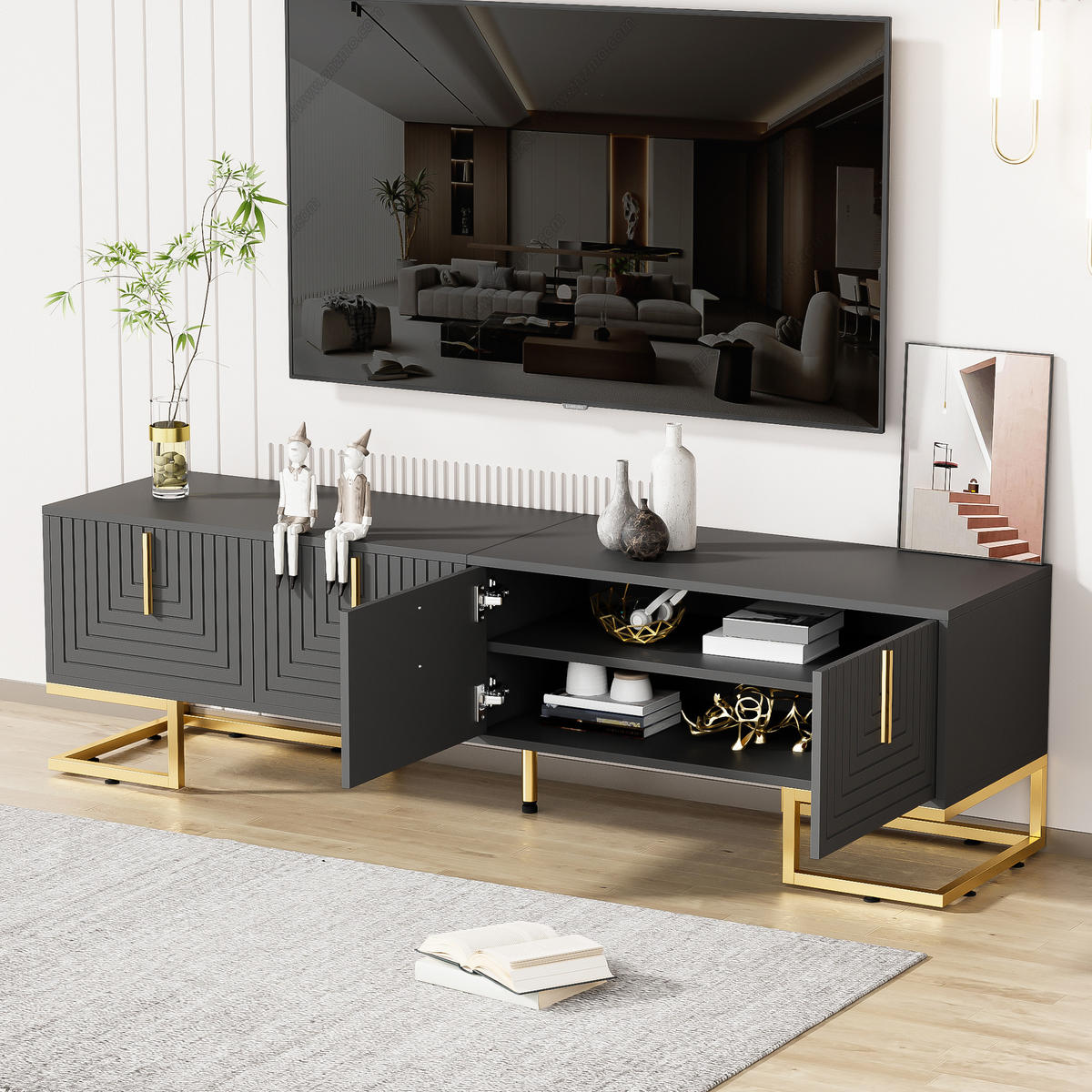 TV-ELEMENT 170/40/45.5 cm Grau mit strukturierter Tür, goldenen Griffen und goldenen Füßen - Grau, Holz (170/45.5/40cm) - Oxeza