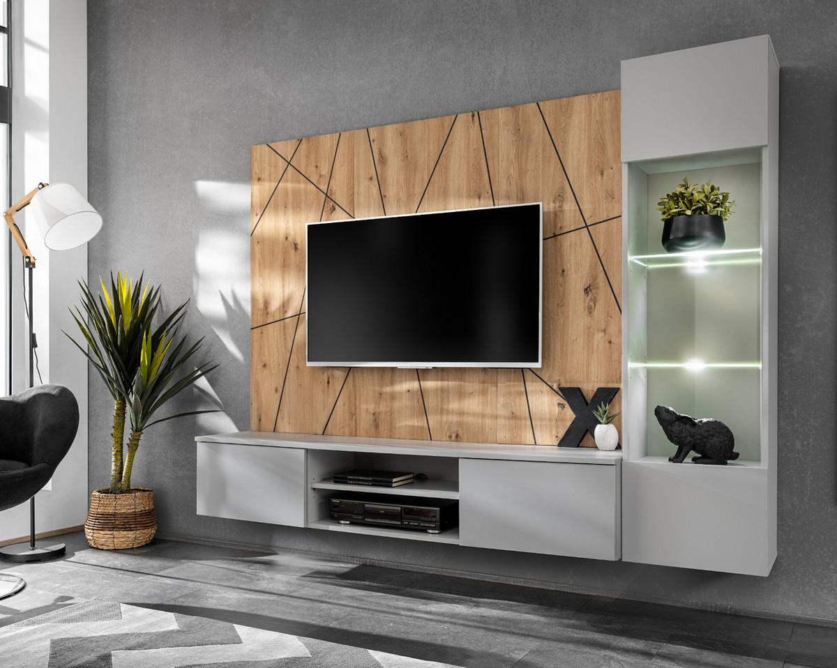 WOHNWAND hellgrau, Eiche Artisan 200 cm, Schrankwand inklusive Beleuchtung, Push-to-Open - Hellgrau/Eiche Artisan, Glas/Holzwerkstoff (200/148/35cm) - Inn.Furn