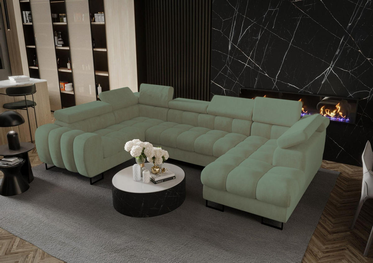 WOHNLANDSCHAFT Bastien - Grün, Holzwerkstoff/Textil (350/95/195cm) - Fun Möbel