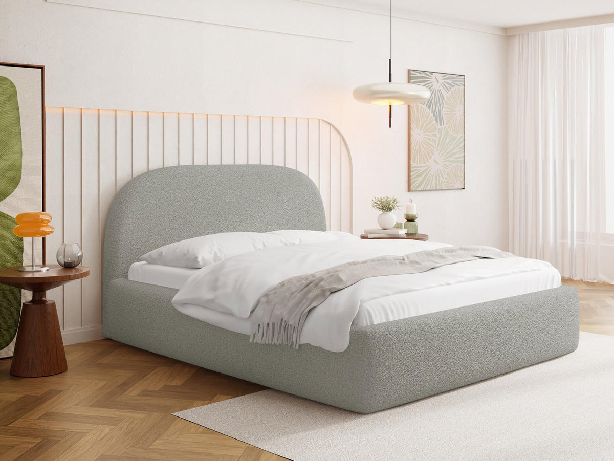 POLSTERBETT Puro mit Bettkasten, Hellgrau Boucle 120 x 200 cm – mit Metall-Lattenrost - Birkefarben/Hellgrau, Kunststoff/Textil (120/200cm) - WFL GROUP