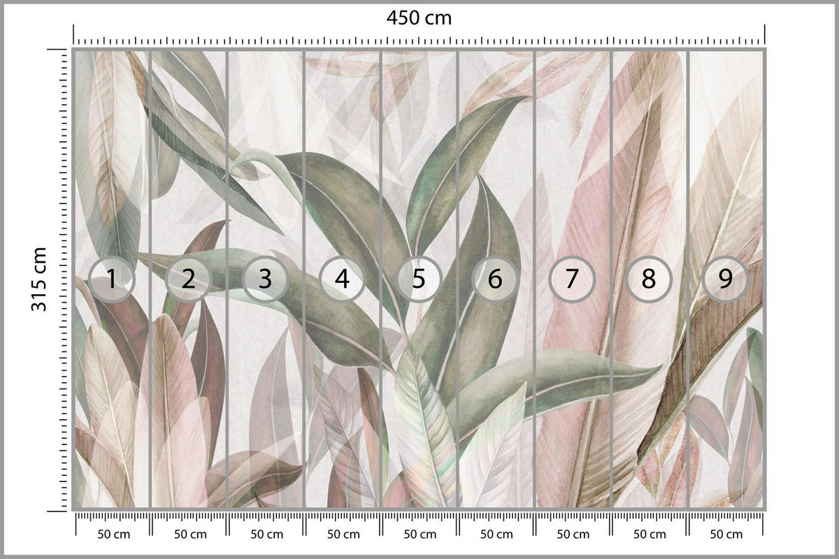 FOTOTAPETE für Wohnzimmer Empfindlich Pastell Bananenblätter 450x315 - Beige/Rosa, Papier (450/315cm) - Muralo