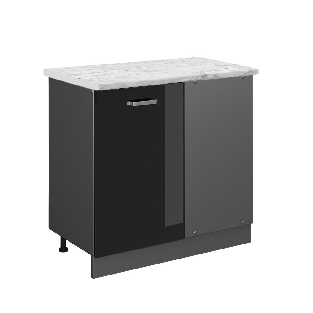 ECKUNTERSCHRANK R-Line Schwarz Hochglanz 86 cm AP Marmor - Schwarz Hochglanz/Anthrazit, Holzwerkstoff (86/81.6/60cm) - Vicco