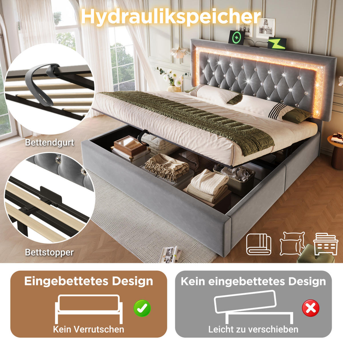 POLSTERBETT 140/200 cm Grau mit LED-Beleuchtung Stauraum USB- und Type-C-Anschlüssen mit Matratze - Grau, Textil (140/200cm) - OKWISH