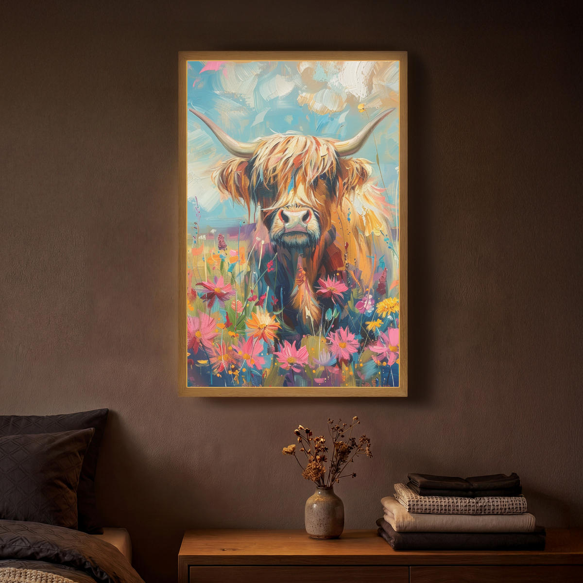 NÁSTĚNNÁ LAMPA S AKUMULÁTOREM Skotský horal - Příroda - Barevné - Květiny 40x60 cm - různobarevná, kompozitní dřevo (40/60/8cm) - OnlyWow