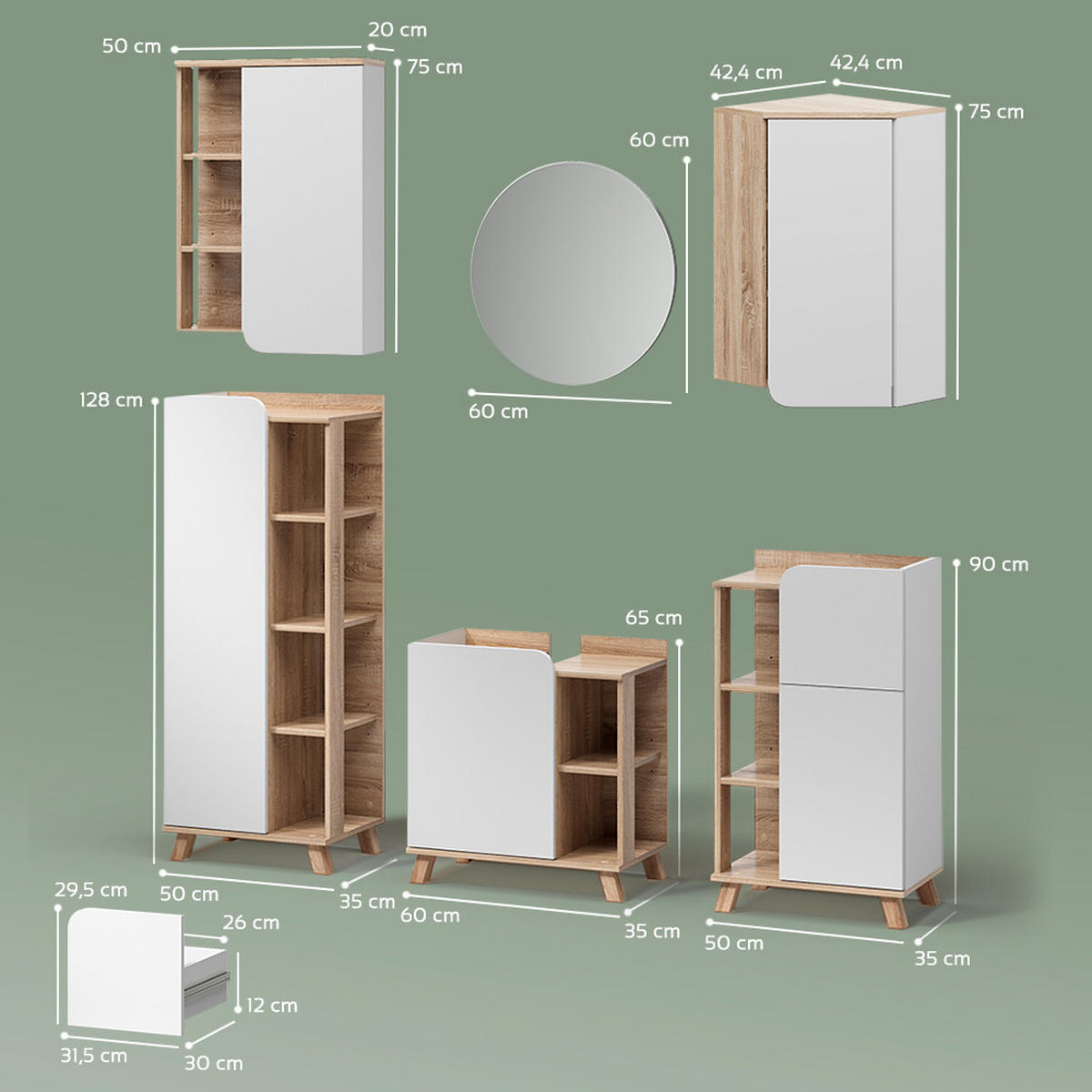 BADMÖBEL-SET Marano Sonoma/Weiß 6 Teile - Weiß/Sonoma Eiche, Holzwerkstoff (60/65/35cm) - Livinity®