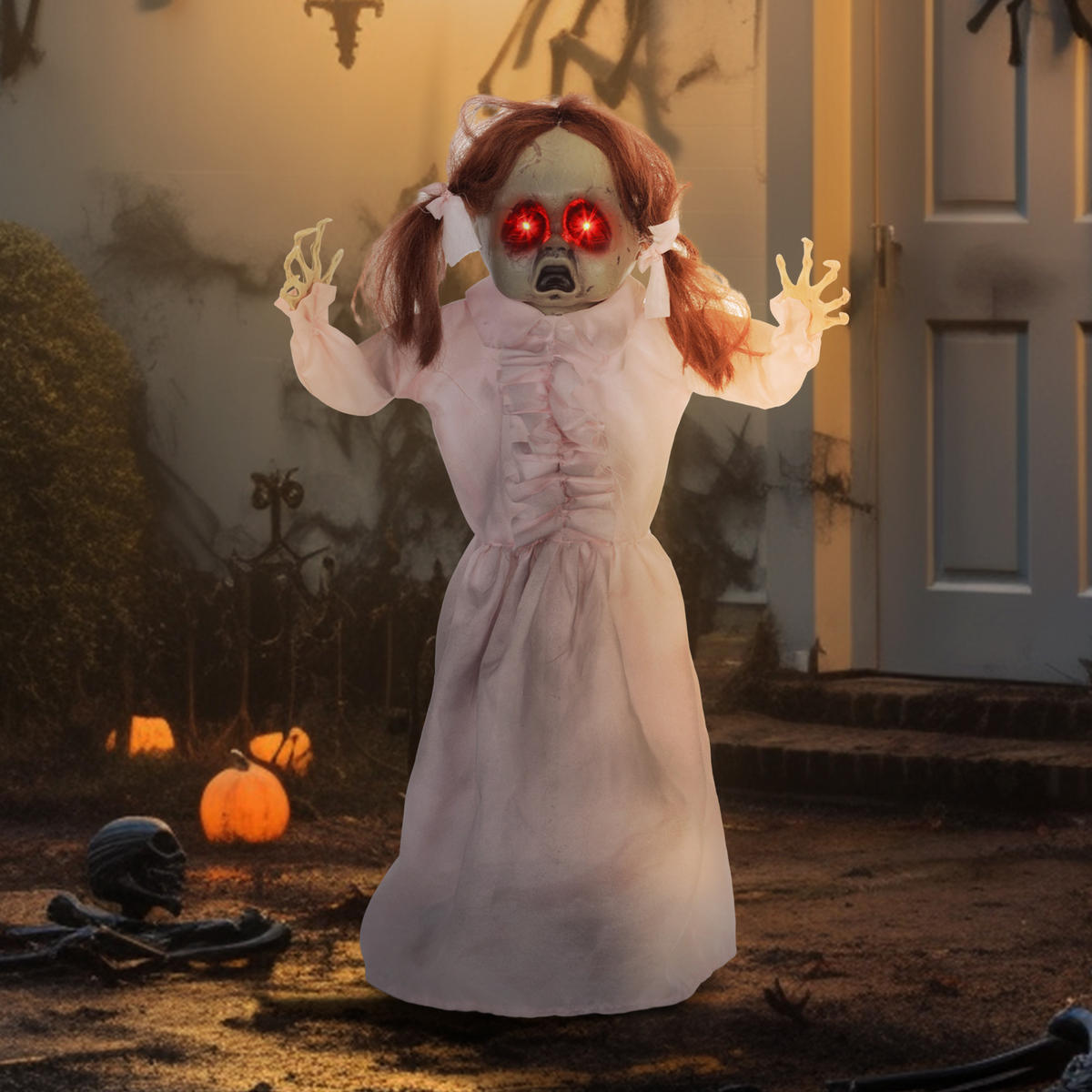 76CM Halloween Dekoration Geisterpuppe mit LED-Lichter, Soundfunktion - Rosa, Kunststoff/Metall (15/76/50cm) - HOMCOM