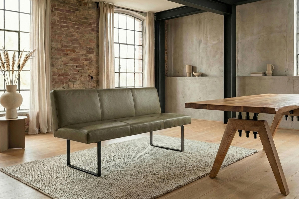 ESSZIMMERBANK ELEEN Grün Leder - Olivgrün/Grün, Leder (163/85/69cm) - KAWOLA