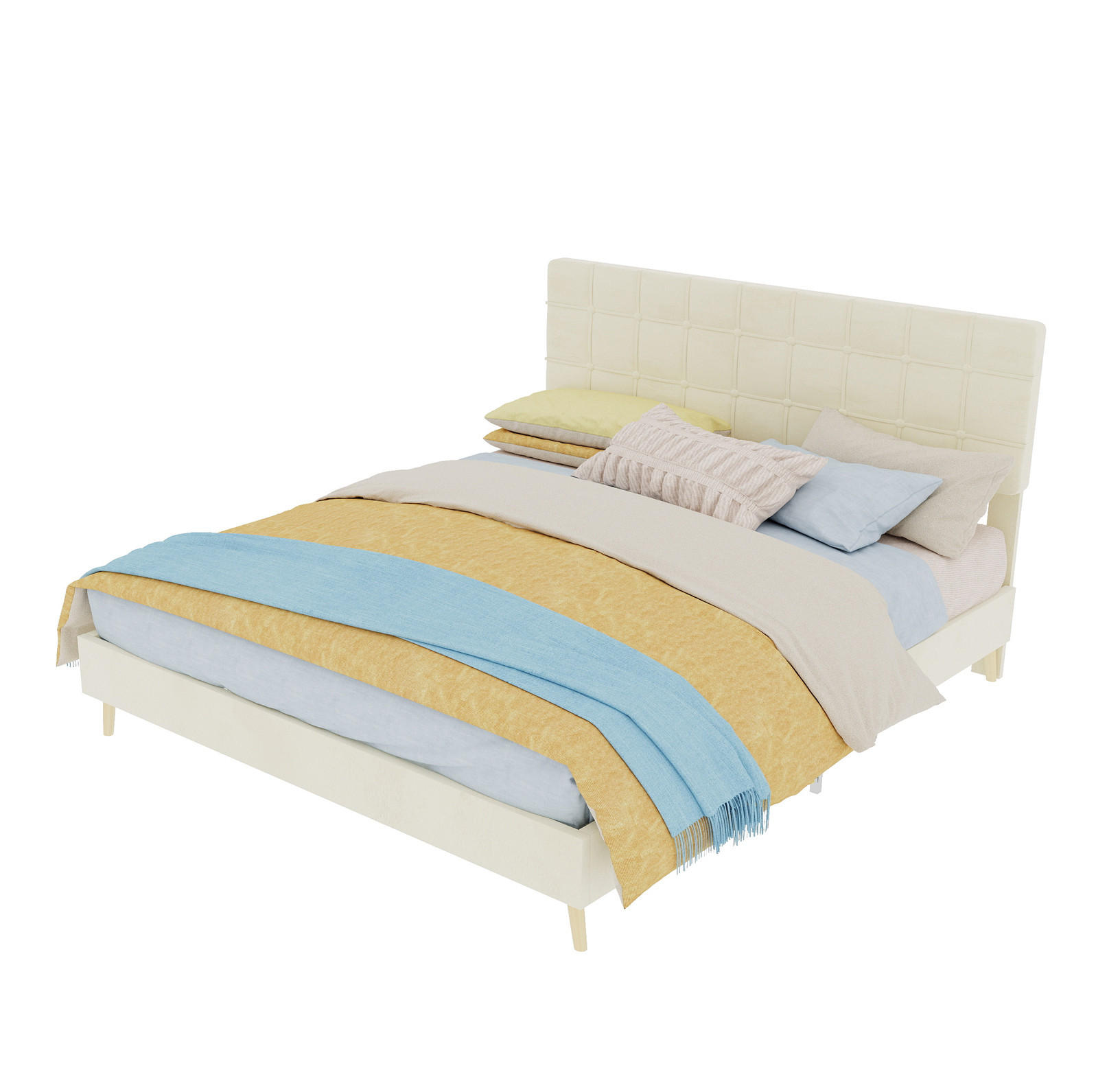 POLSTERBETT 160/200 cm mit karierter Kopfteilpolsterung und Holzfüßen, Beige - Beige, Textil (160/200cm) - Redom