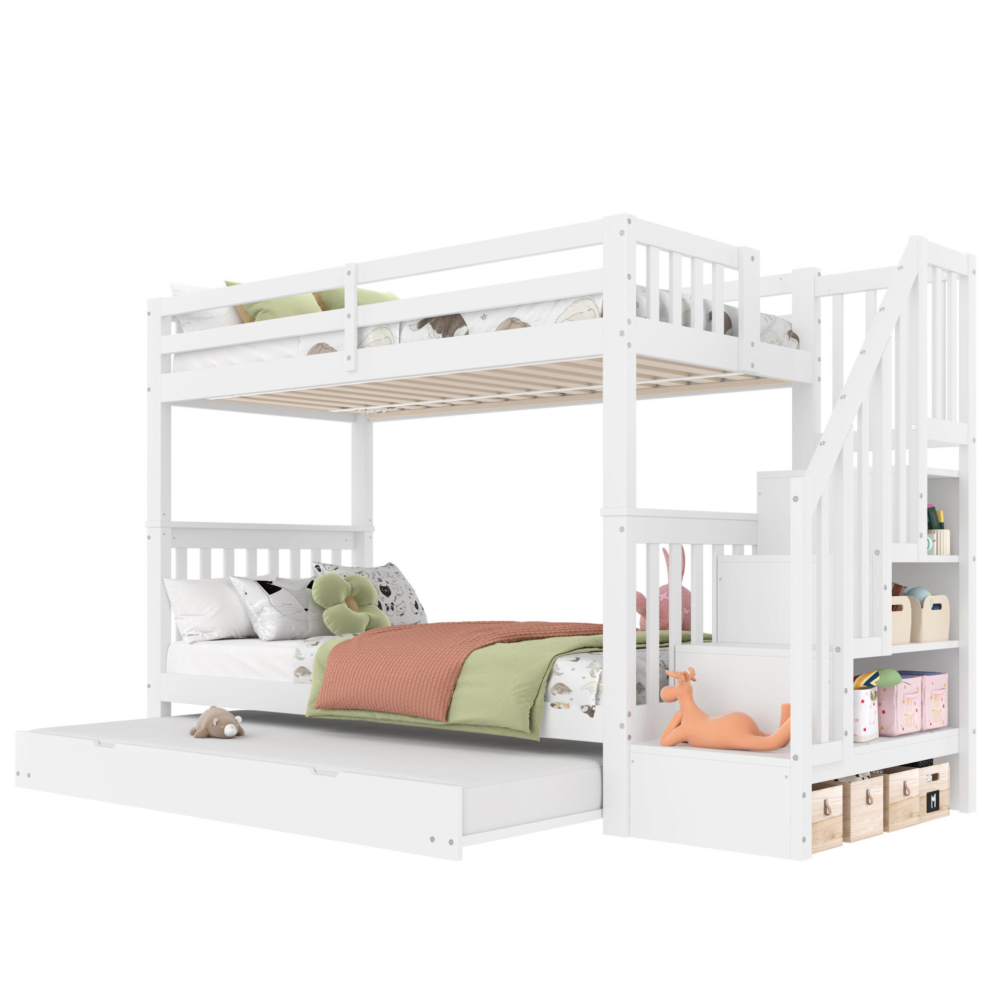 ETAGENBETT aus Kiefernholz und MDF 90x200 cm Weiß mit Rollbett und Treppenregal - Weiß, Holz (90/200cm) - Modfu