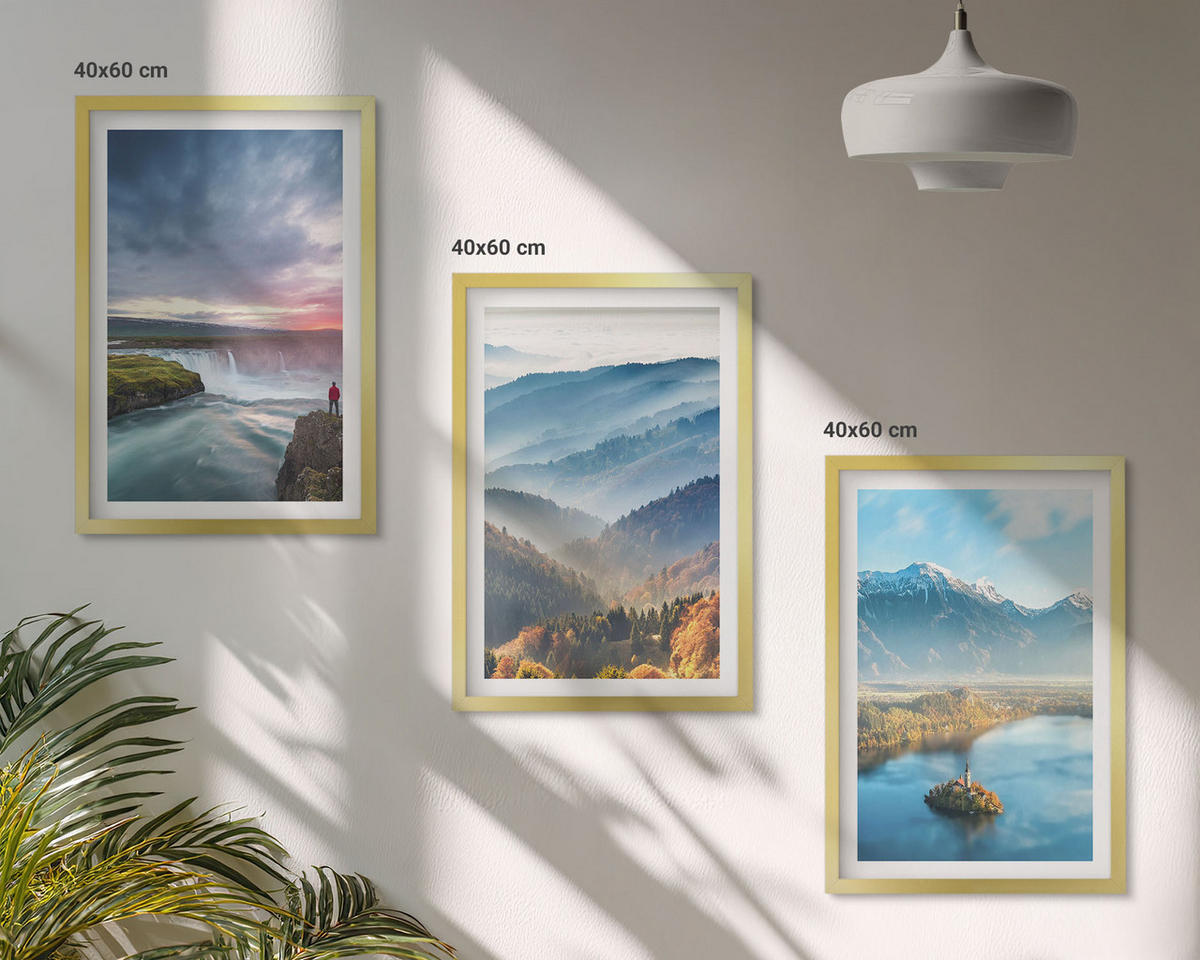 BILDER SET 3er Set - 40x60 cm Goldrahmen - Berglandschaften, Wasserfälle - Goldfarben, Kunststoff (40/60cm) - TULUP